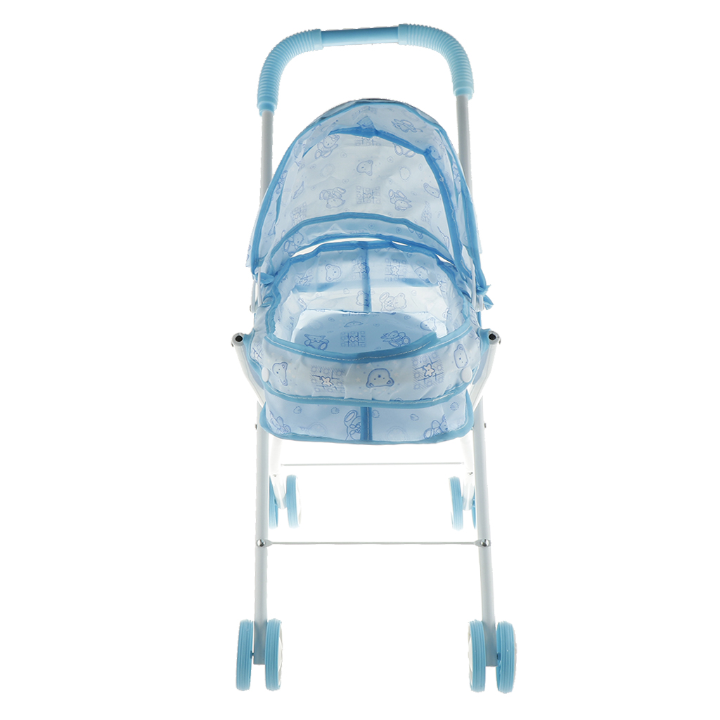 Portable Doll Stroller Carrier Pram Blue Pretend Play Toys, Gift for Toddler