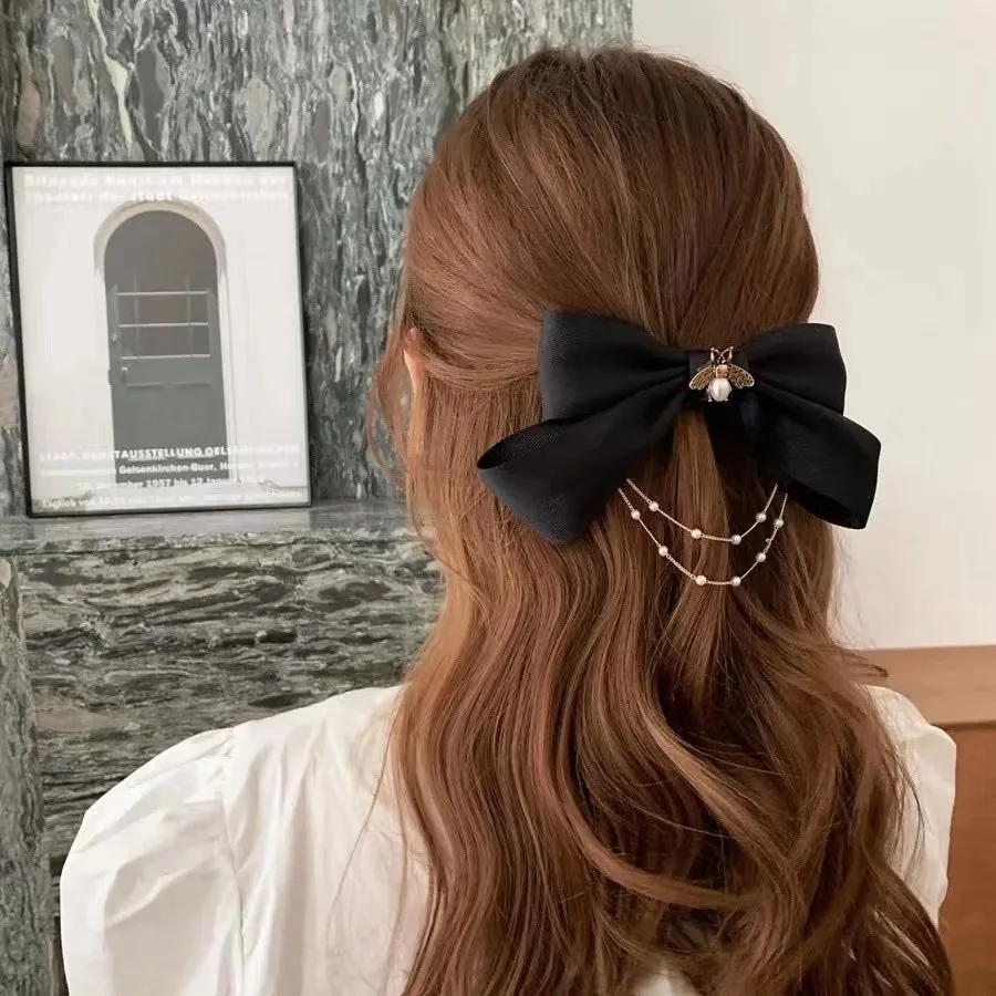 New Bowknot Pearl Chain Barrettes Women Rhinestone Spring Hairclips Ribbon Side Clip Ponytail Hairpin for Girl Hair Accessories butterfly hair clips