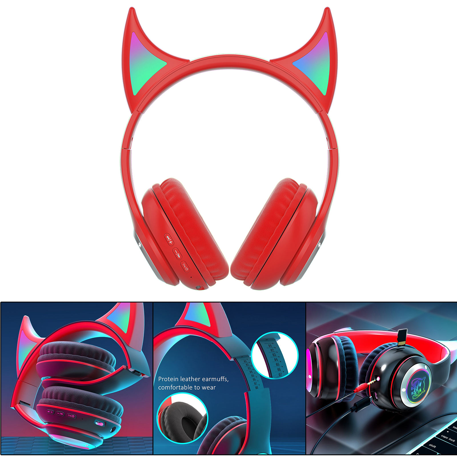 Wireless Headset Cute RGB Light Unique Bluetooth 5.0 Little Devil Gamer Headset for PC Computer Cell Phones Sport Kids Adults