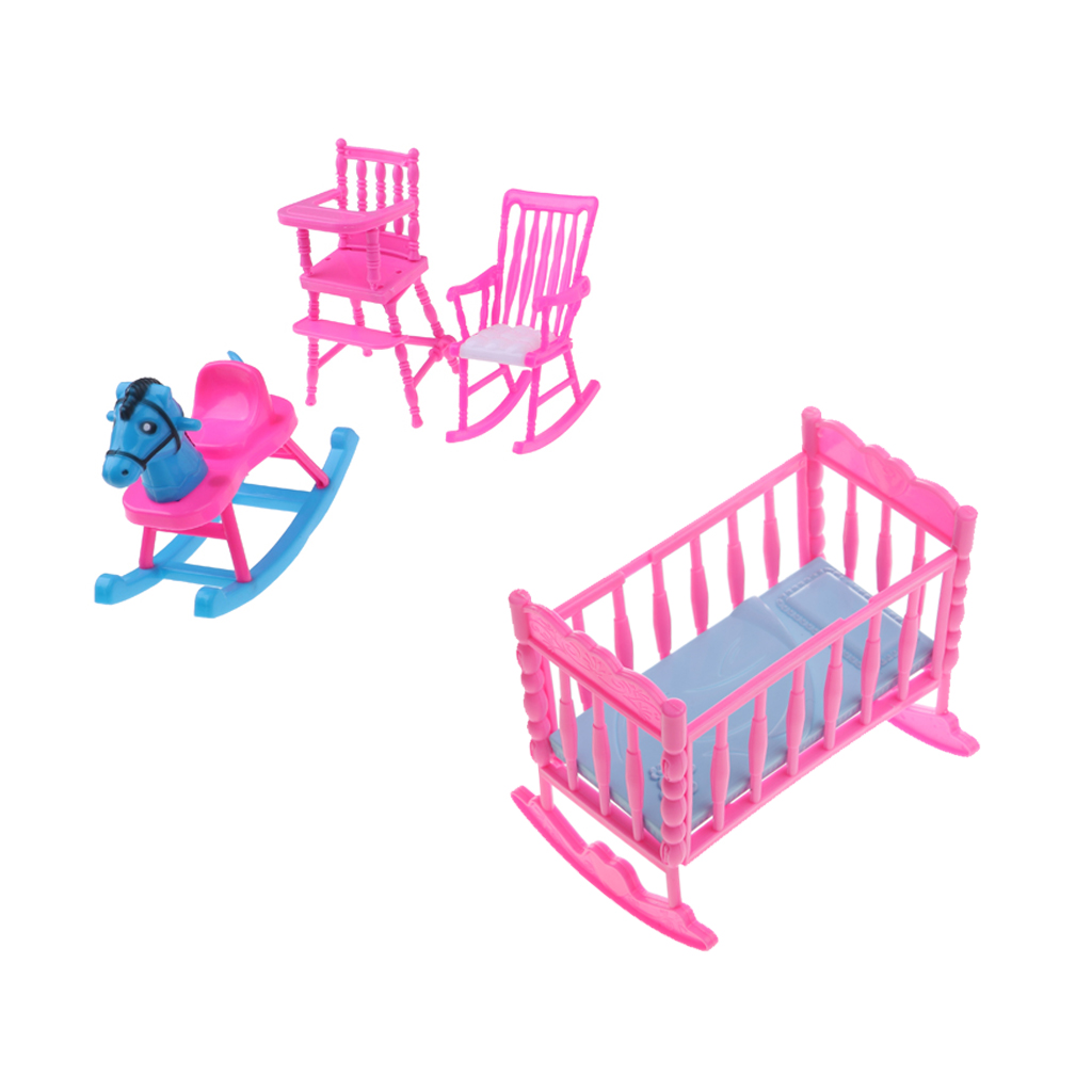 Pink Baby Rocking Bed + Baby Dining Chair + Rocking Horse + Baby Rocking Chair Nursery Room Accessory for Dolls House