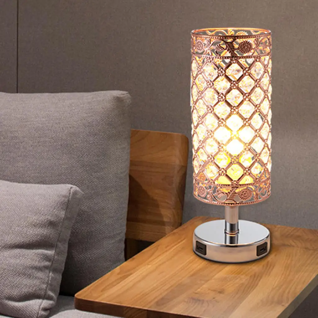 Modern Bedside Night Light with 2 USB Charging Ports Fashionable Crystal Lampshade Table Lamp Desk Lamp for Guest Room Dresser