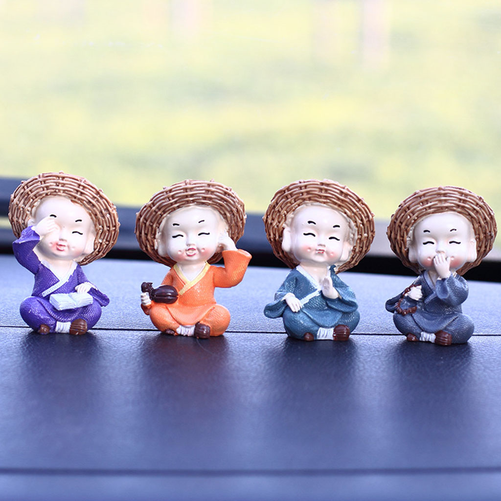 4pcs Car Ornaments Resin Cute Little Monk Figurine Doll Car Dashboard Decoration Buddha Home Car Interior Display Accessories