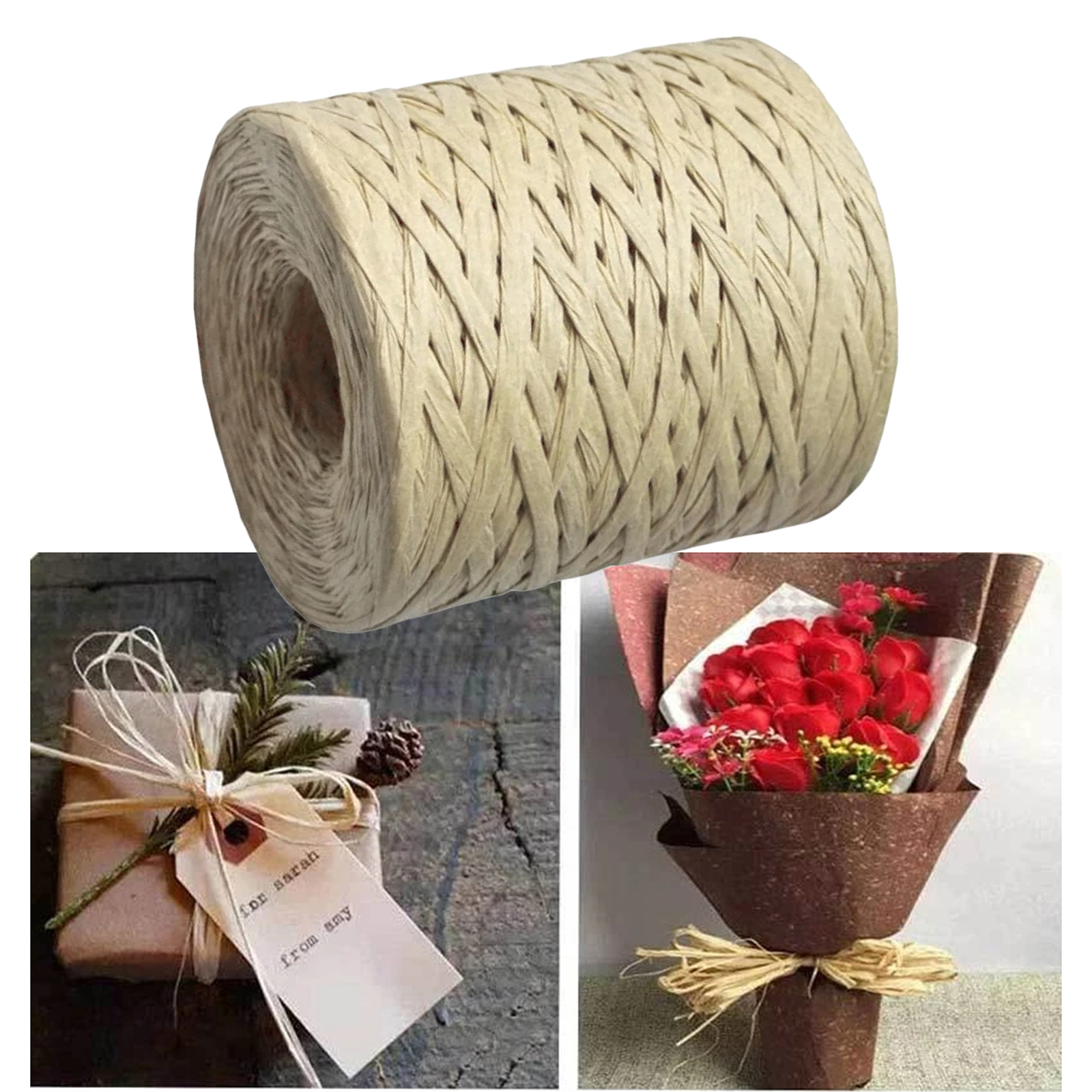 200m Raffia Paper Ribbon Roll Eco-friendly Recyclable Twine Cord for Valentines Gift Wrapping Bouquets Decoration Weaving