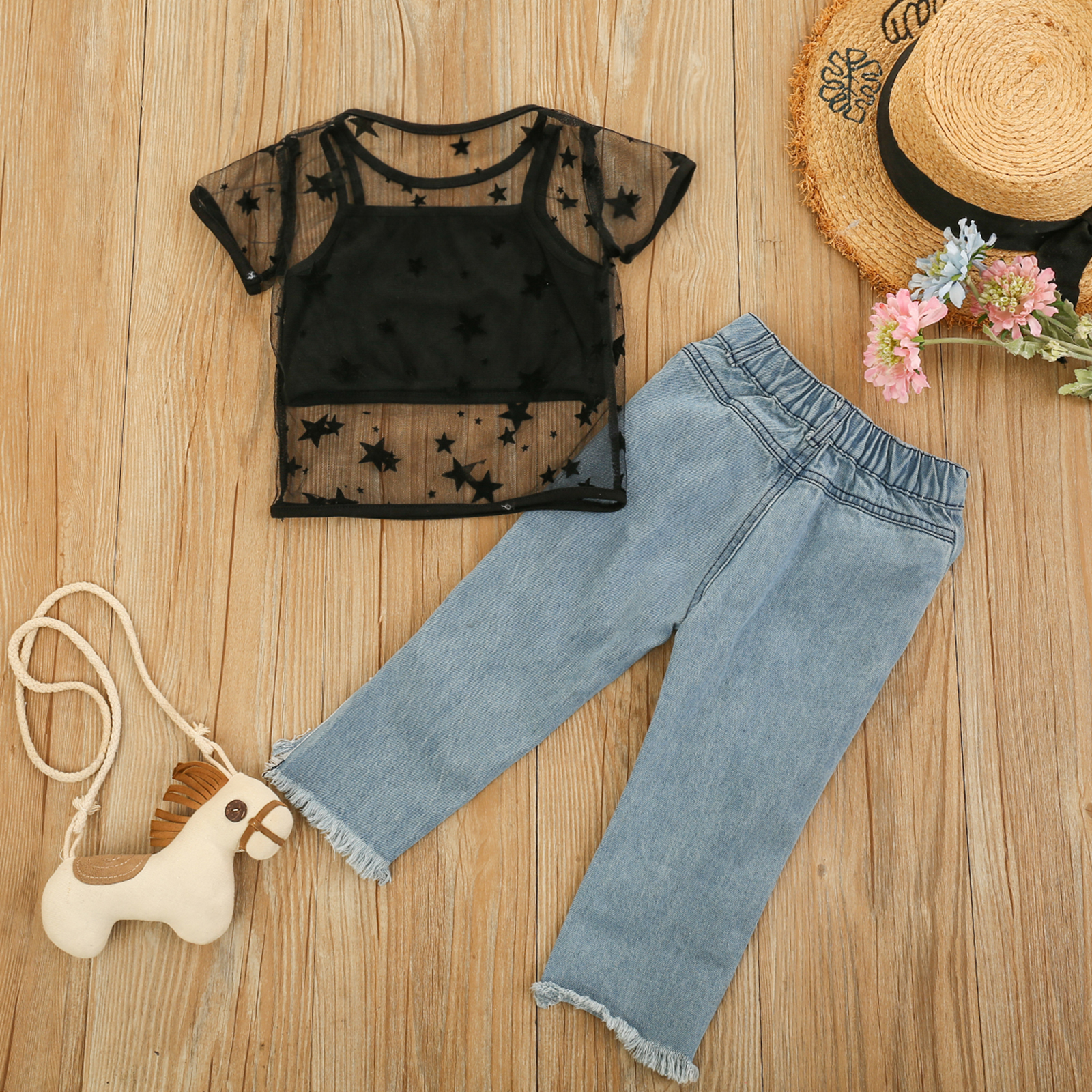 Fashion Kids Baby Girl Clothes Off Shoulder Tops Blouse Holes Denim Pants  Headband 3Pcs Summer Outfits Set Clothing