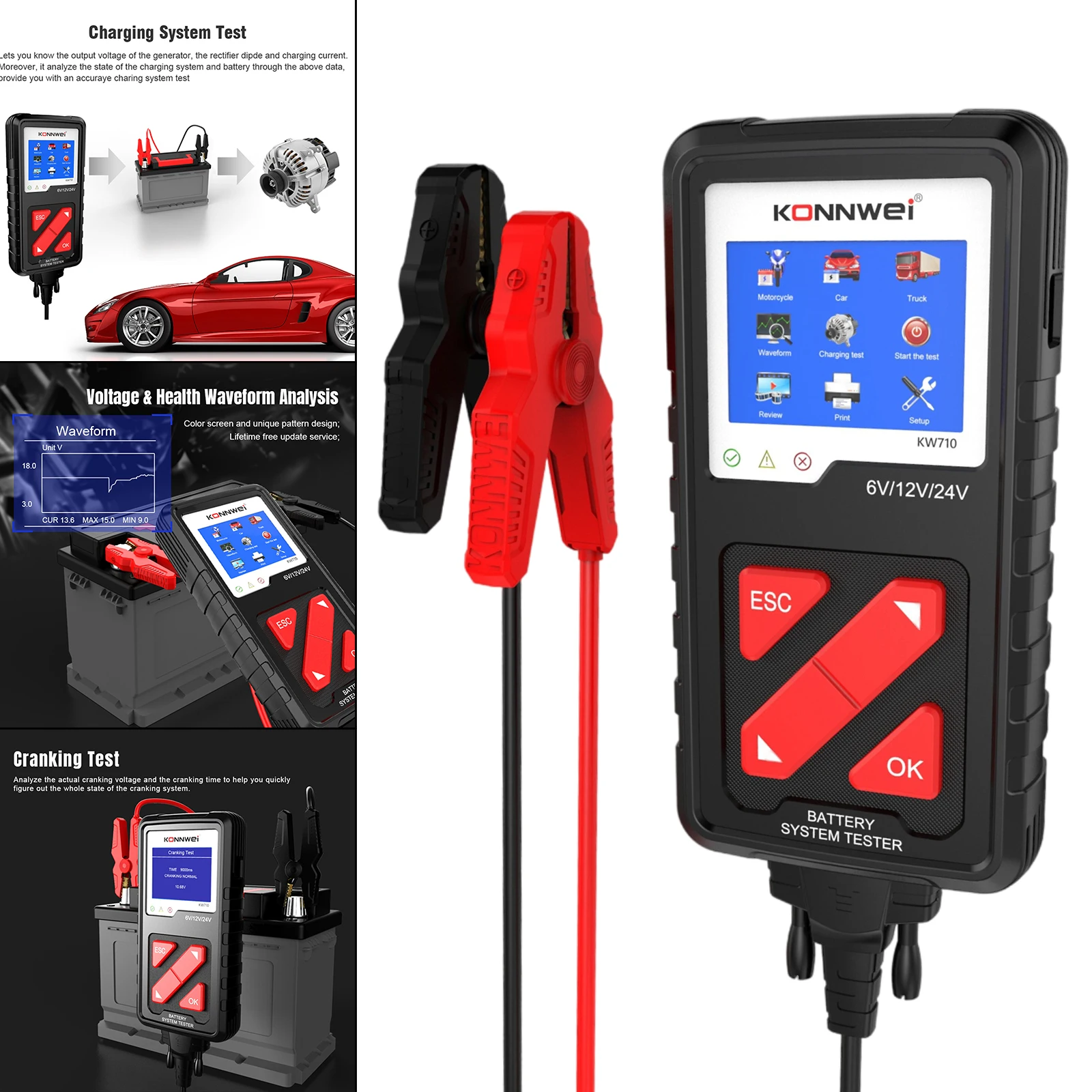 Battery Tester KW710 6V 12V 24V Cranking and Charging System Tester Car Battery Diagnosis Tool for Car Tester Tool