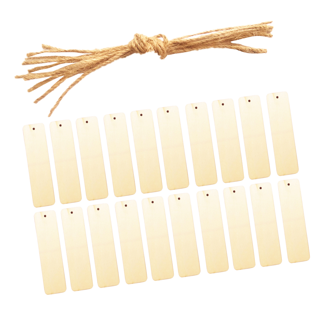 20pcs Rectangle Wood Pieces Bookmark Scrapbooking Embellishment Price Tags Card Making Gift Tags DIY Craft with String
