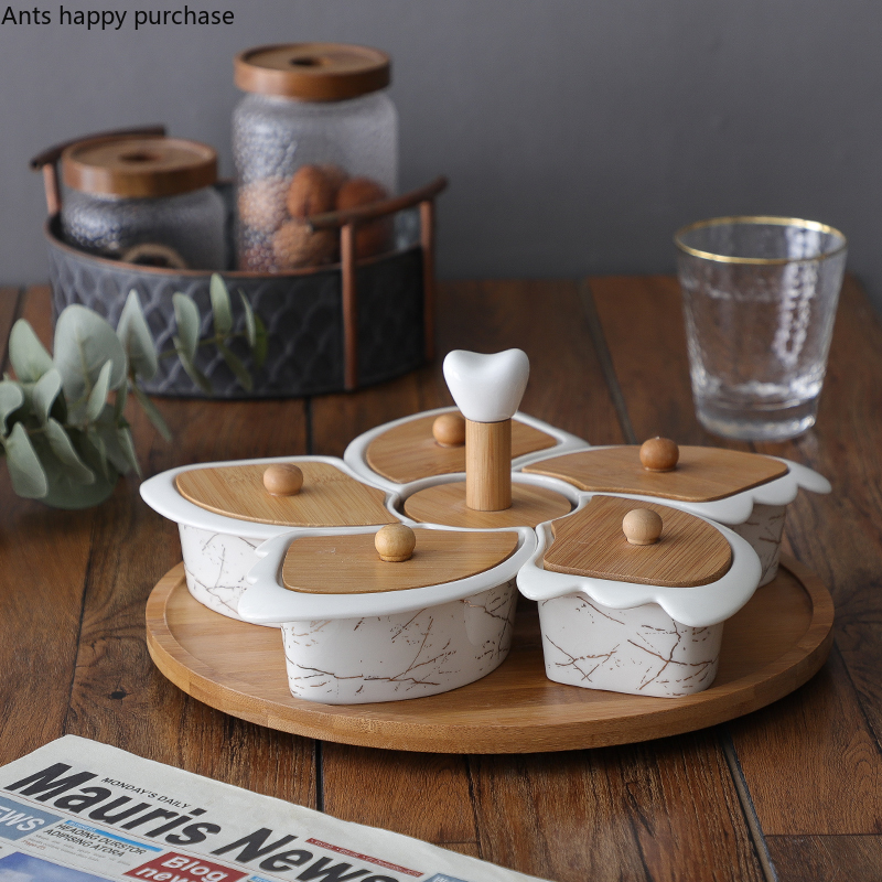 Ceramic Snack Tray With Wooden Lid Rotatable 5 Grids Snack Bowl Wood Surfaces Dessert Fruit Plate Decorative Plate Tableware