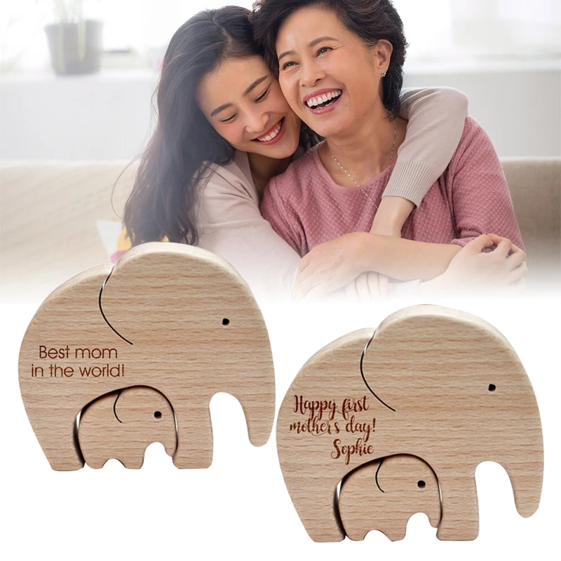 Wood Elephant Mother And Child Decor Mother's Day Gift Wooden Ornaments New