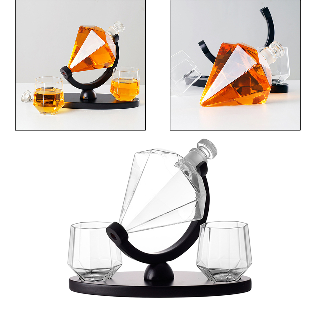  Decanter Wine Glass Set Diamond Crystal Whisky Carafe with Fine Wood Stand Liquor Decanter