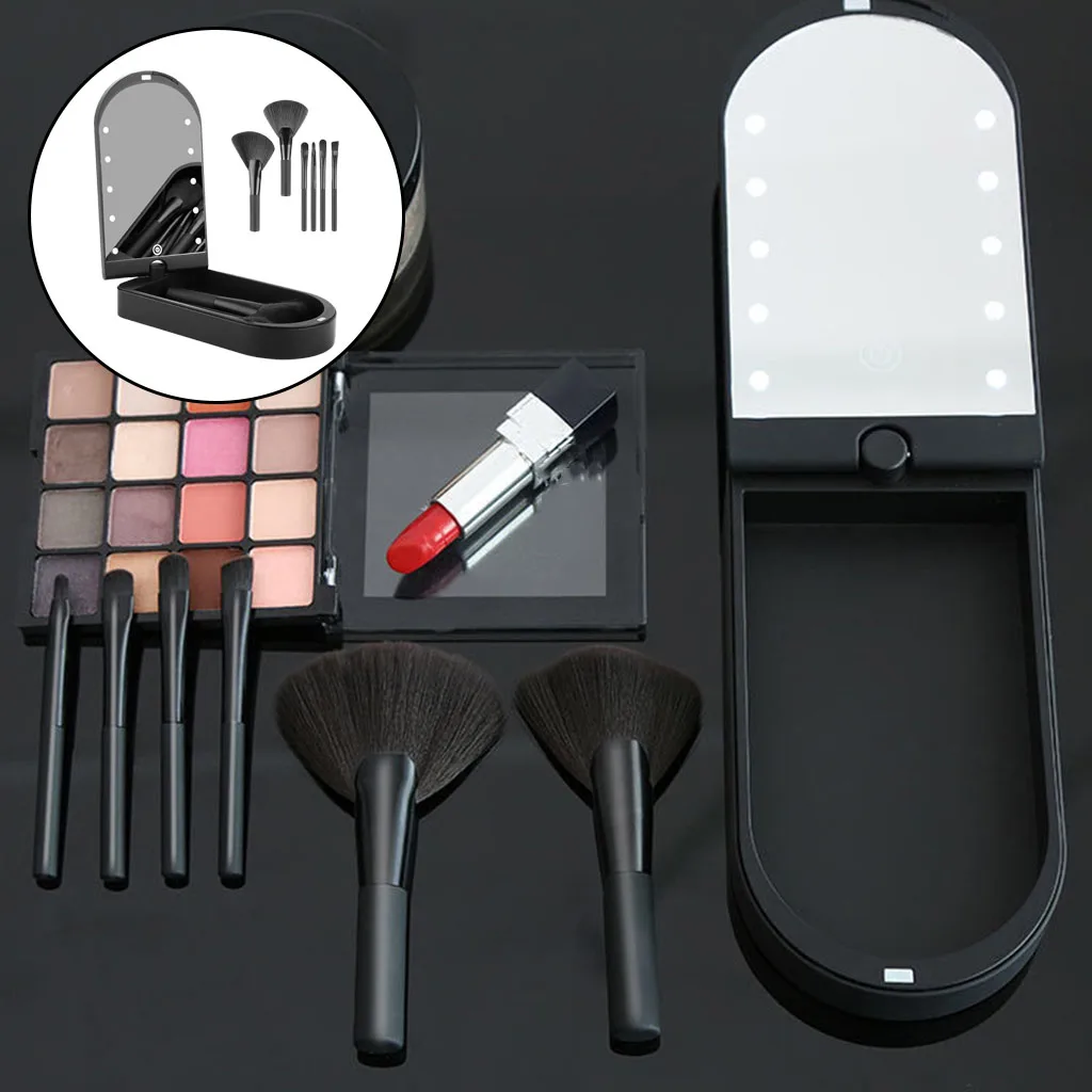 Portable Folding Makeup Mirror Box w/ LED Light Makeup Brush Set Cosmetic Brushes Touch Switch Light Gifts for Women