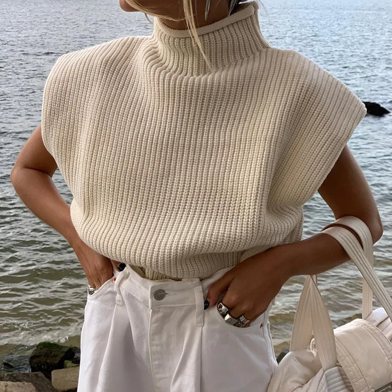 Turtleneck Sleeveless Women Vest Sweater 2021 White Shoulder pads Pullover Knitted Loose 2021 Autumn Winter Casual Jumper pink cardigan