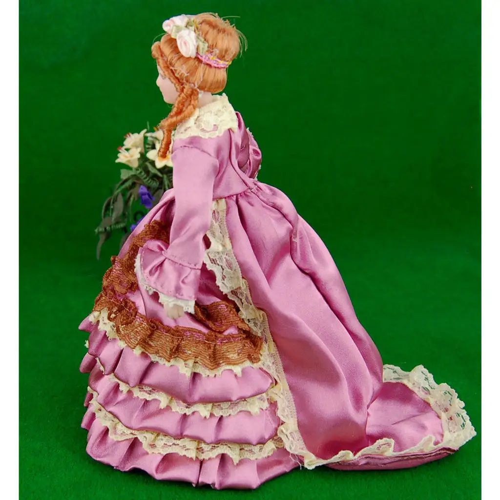 Dollhouse Miniature Porcelain Doll Beautiful Lady in Purple Pleated Gown and Umbrella