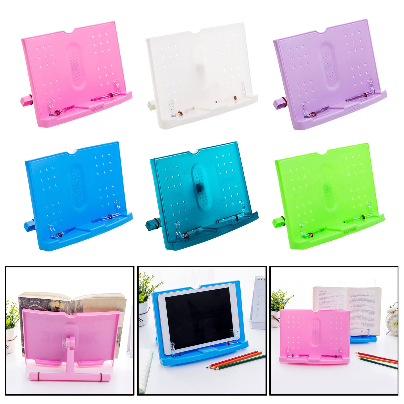 Plastic Book Stand Cookbook Holder with Page Clips Bookshelves Magazine Holder for Textbook Document Recipe Music Book