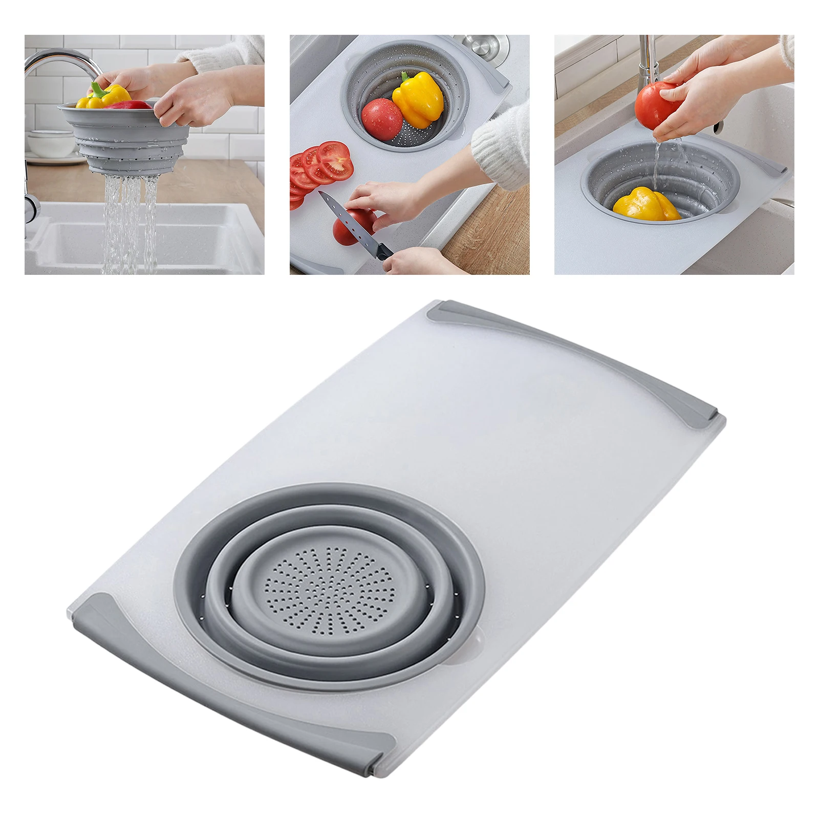 3 in 1 Innovative Cutting Board Collapsible Drain Basket Vegetable Non-slip Household