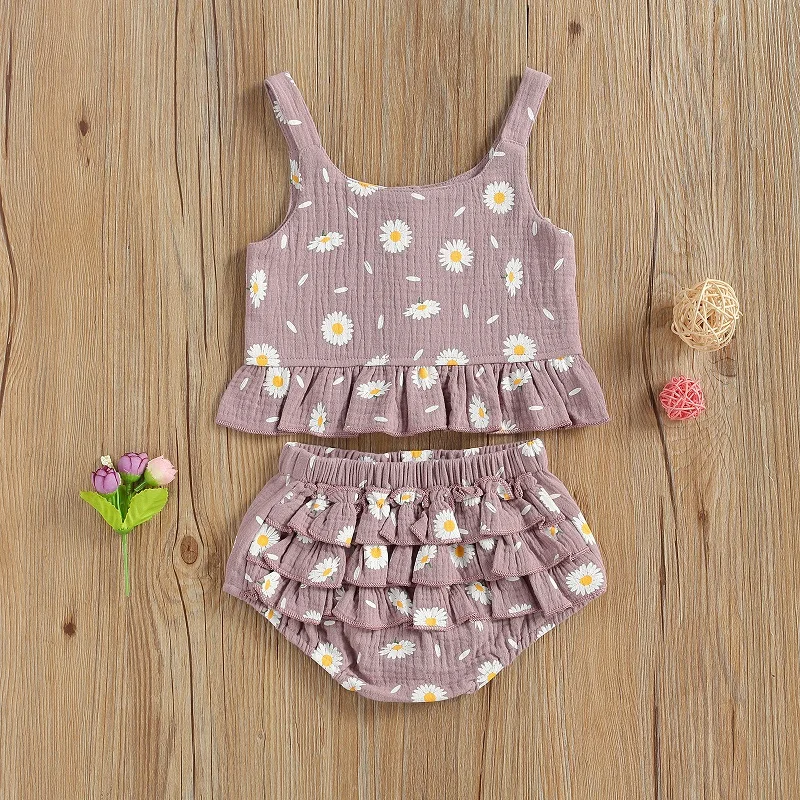 0-24M Cute Newborn Baby Girl Clothes Sets Sleeveless Floral Tank Tops Baby Bloomers Shorts 2PCS Outfits Summer baby knitted clothing set