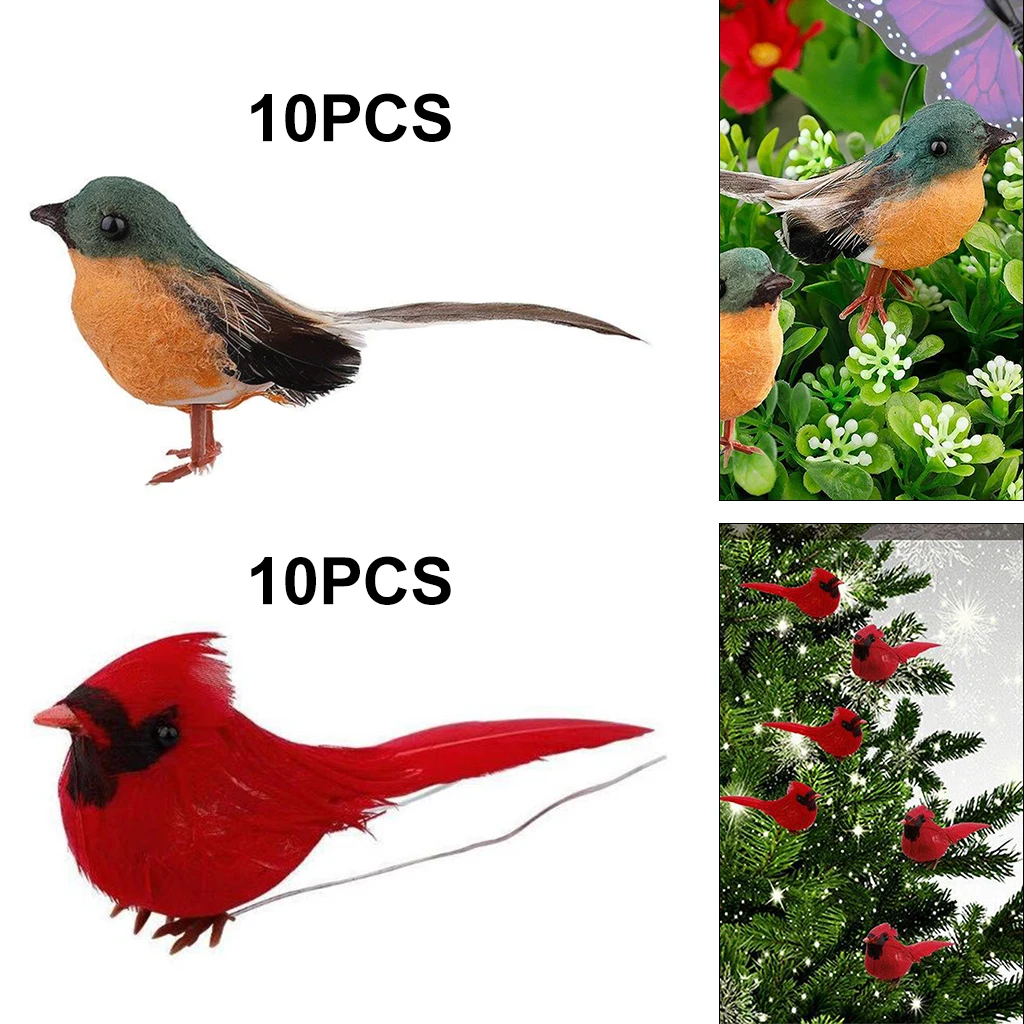 Cardinal Clip-on Christmas Tree Ornaments, Set of 10 Cardinals and Metal Clips Attached, Small Artificial Birds for Crafts