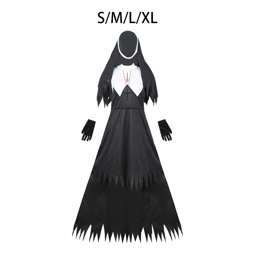 Women's Classic Bewitching Nun Halloween Costume Fancy Dress Hallowmas Cosplay for Ladies Girls Halloween Party Makeup Supplies
