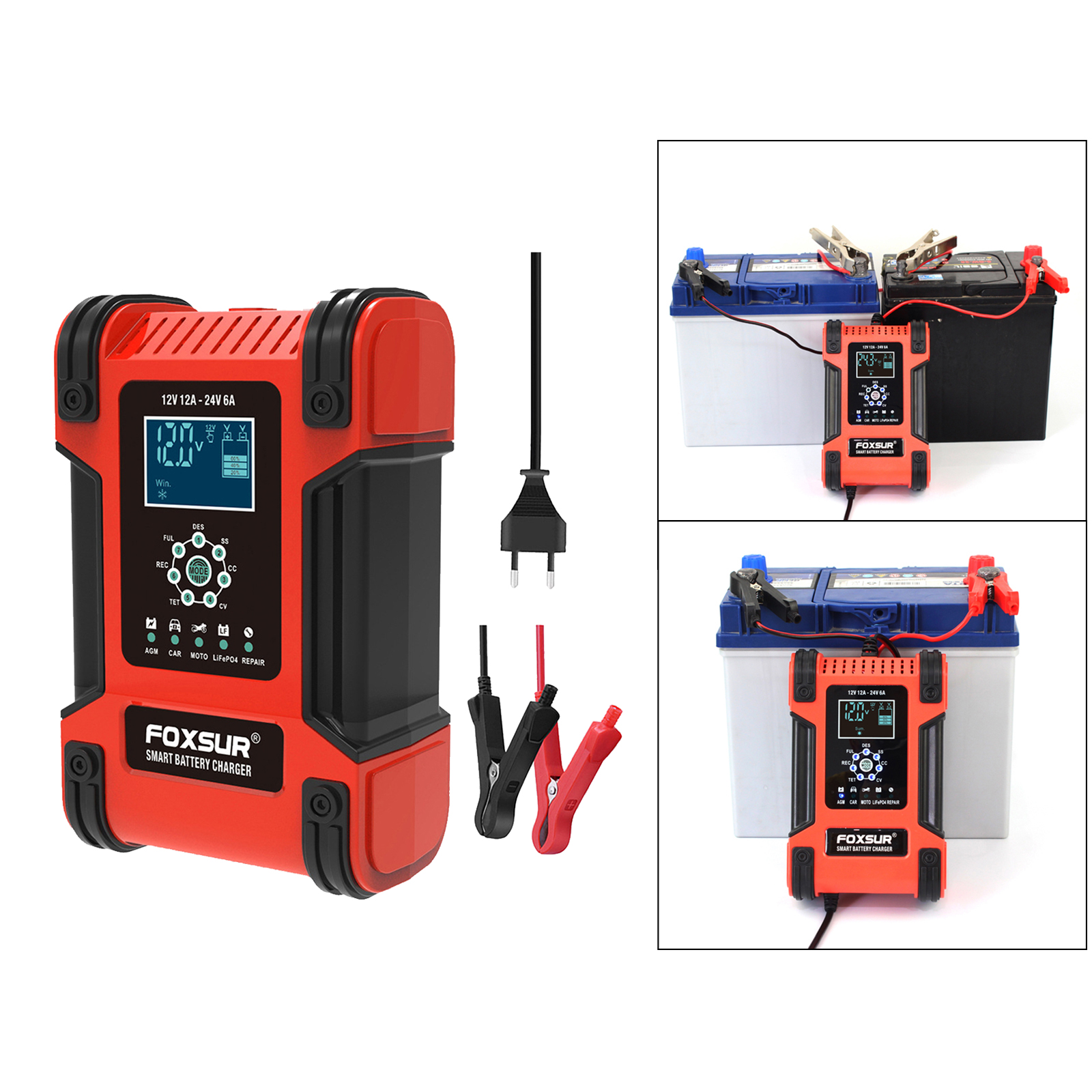 Car Battery Charger 12V 12A 24V 6A Power Automatic Charge Charging EU Plug