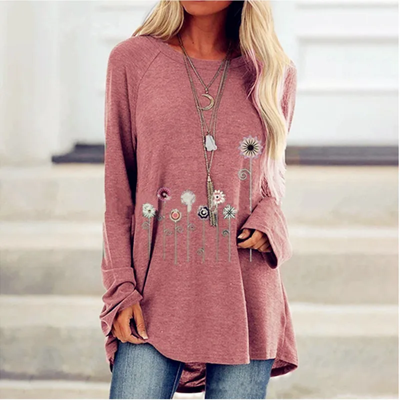 New Autumn Women Tops Floral Dandelion Print Long-sleeved T-shirt Round Neck Loose Casual T-shirt Large Size Pullover Ladies Top best t shirts for men