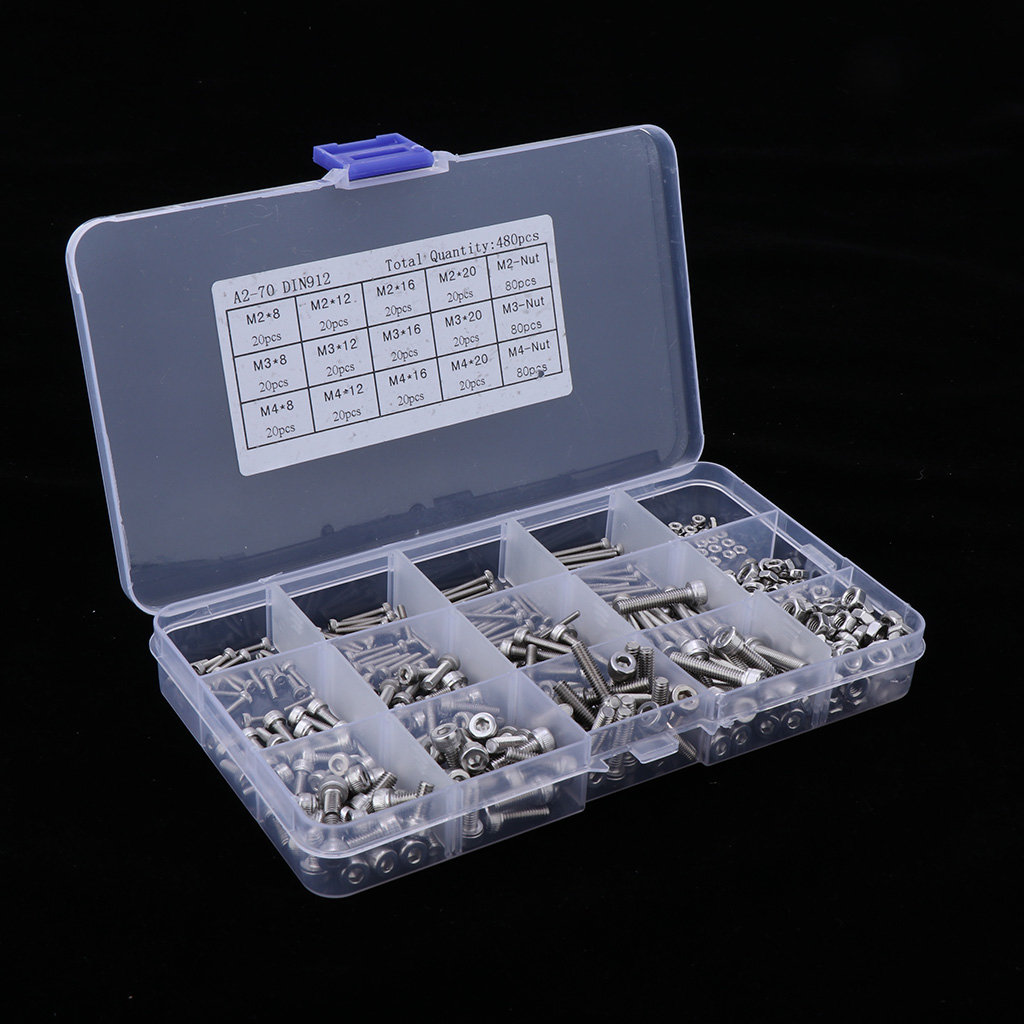 Prettyia 480pcs Tiny Screws & Nuts Hex Socket Head Bolts Kit Stainless Steel