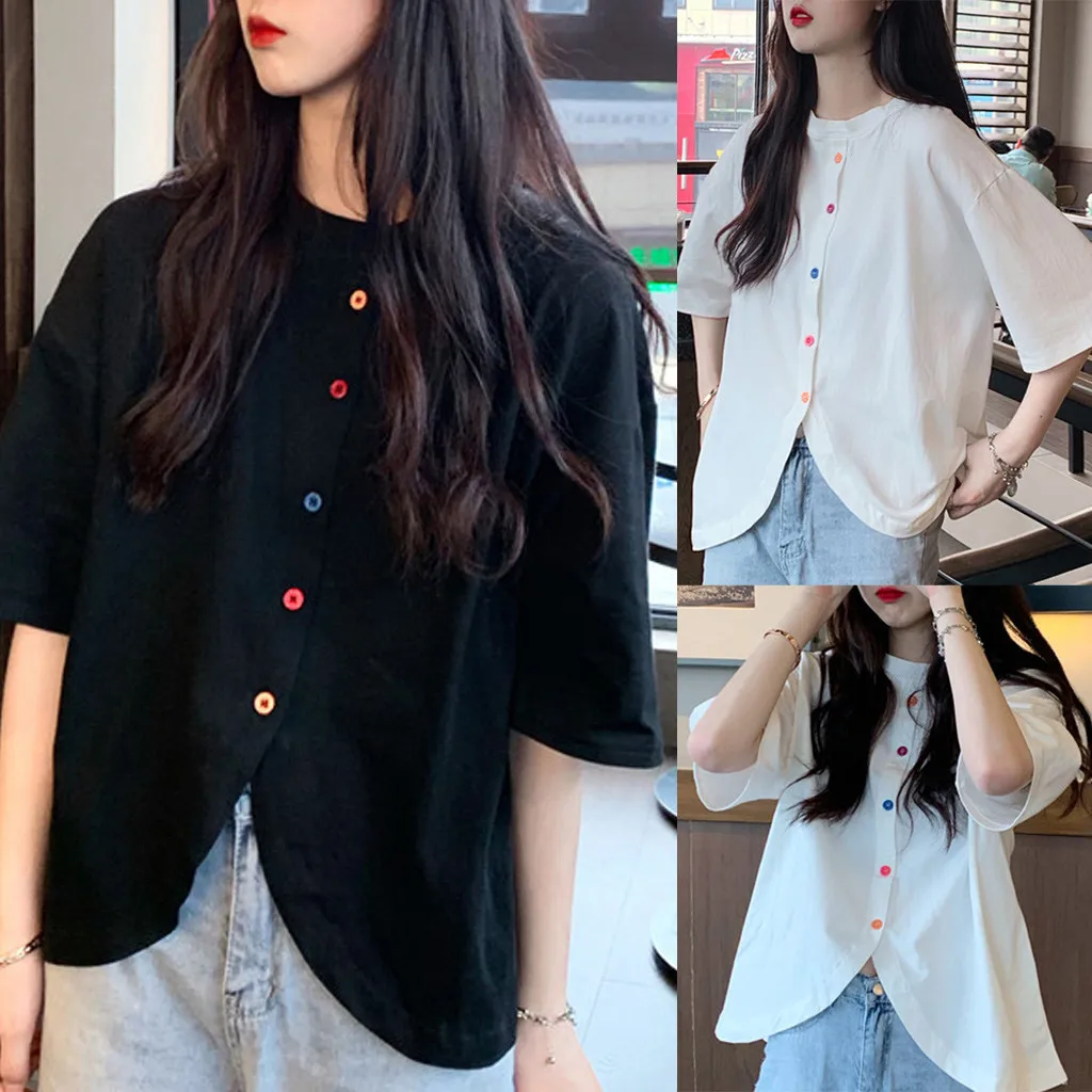 40#Women's Retro Blouses Loose Color Button O-neck Short Sleeve Shirt Irregular Spring Elegant Top Korean Sweet Blouse блузка womens shirts and blouses