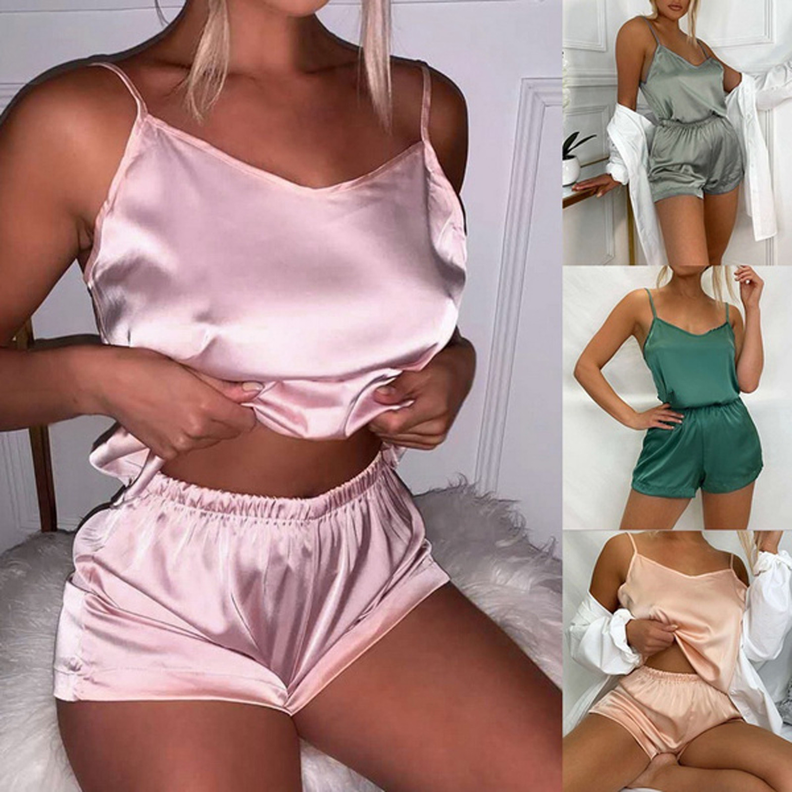 Plus Size Women's Home Clothes Sexy-Lingerie Sleepwear New Ladies Satin Silk Babydoll Lace Up Nightwear Pajamas Set Pyjama Femme