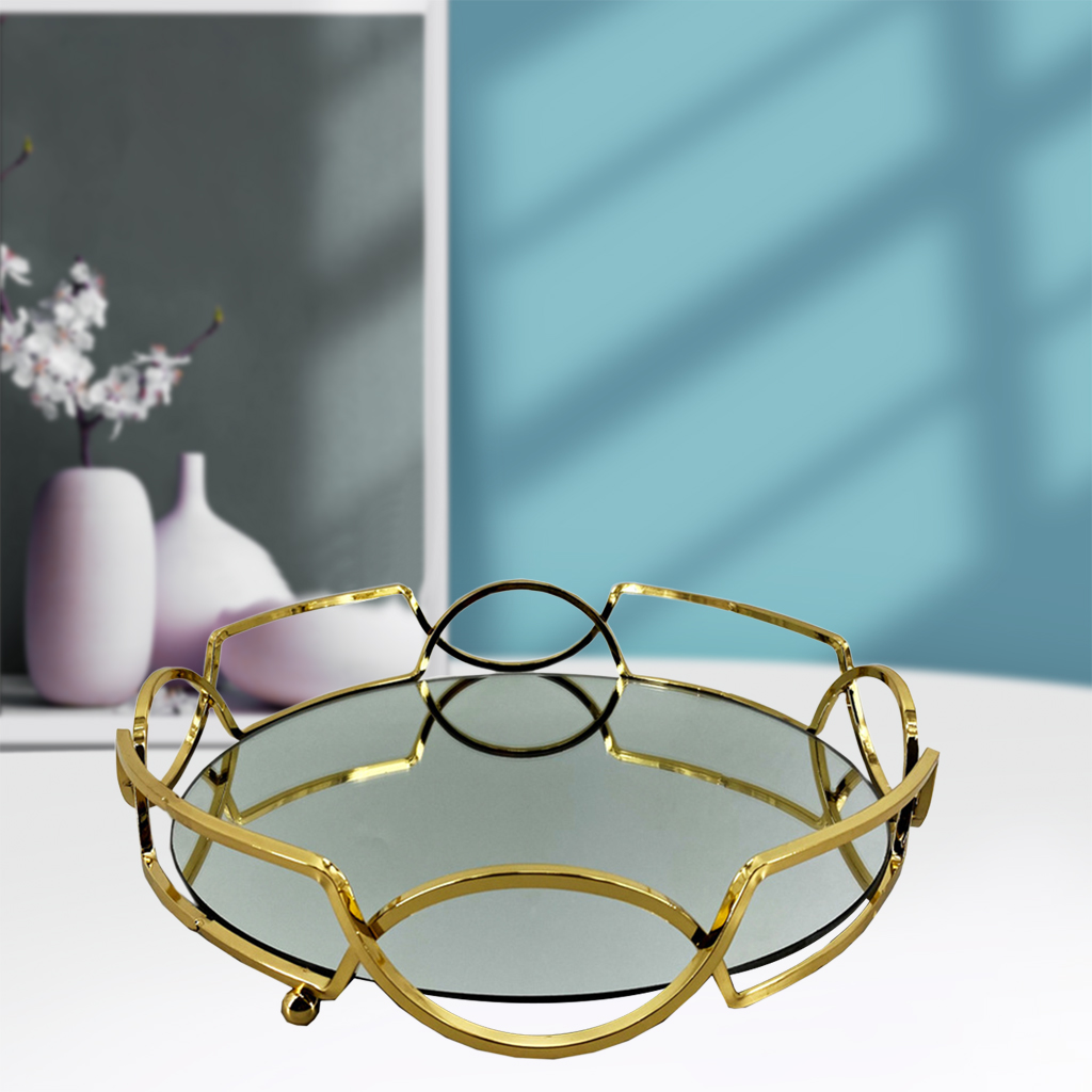 Mirrored Vanity Tray with Metal Frame Ornate Tray for Perfume, Jewelry and Makeup Organizer Food Fruit Serving Tray Plate