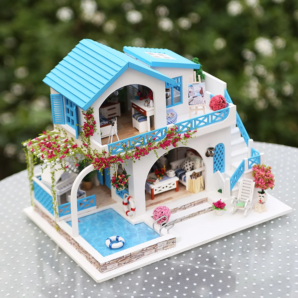 1:24 Scale DIY Dollhouse Miniature Wooden Dolls House Kit Outdoor Pool Villa 