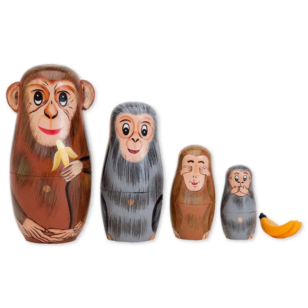 5PCS Hand Painted Monkey Animal Wooden Russian Nesting Dolls Matryoshka Toys 