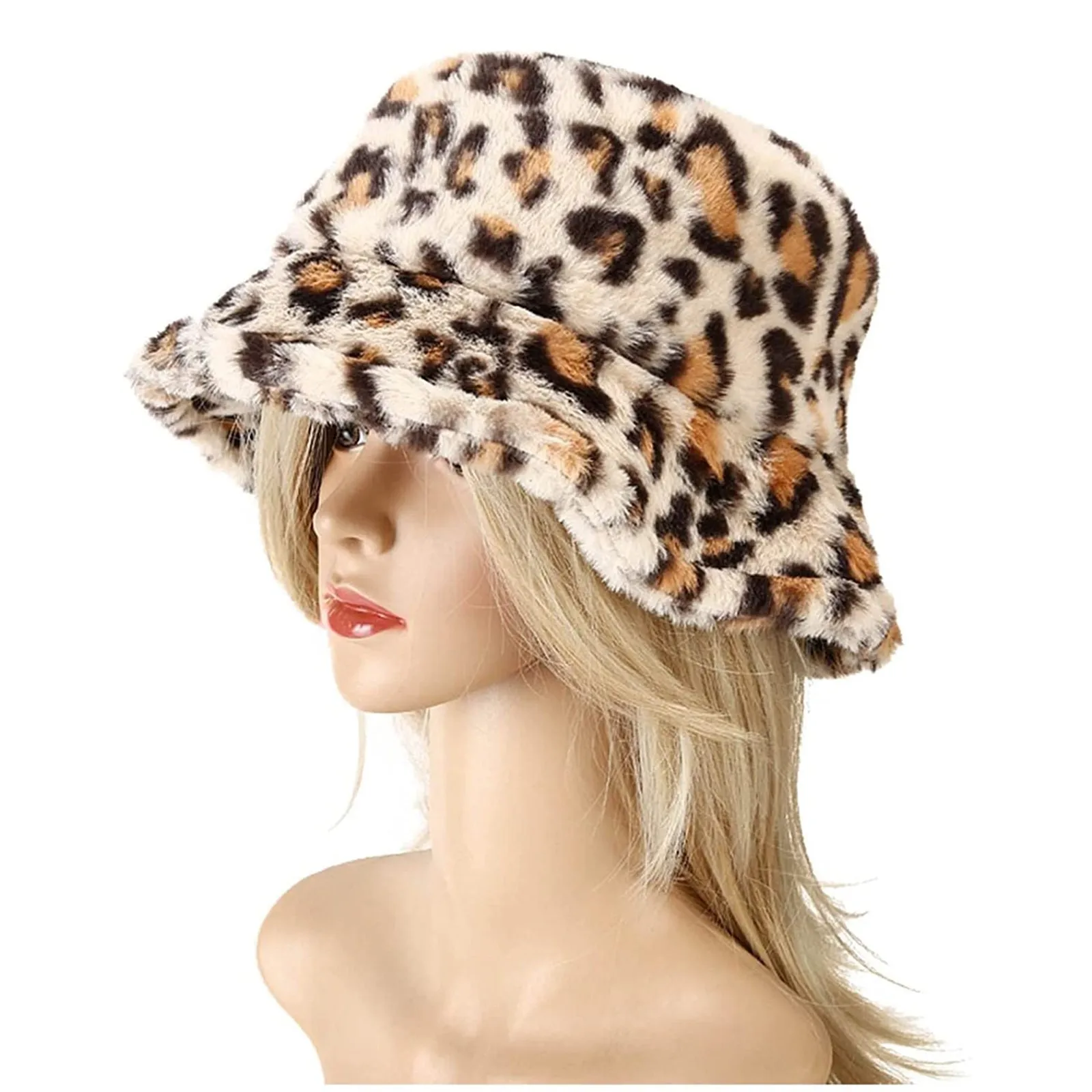 bucket hat with string 2021 Winter Bucket-Hats Fluffy Fur Men Women Hat Fashion Warm Fisherman Cap Letter Rainbow Houndstooth Leopard Printed wool bucket hat womens