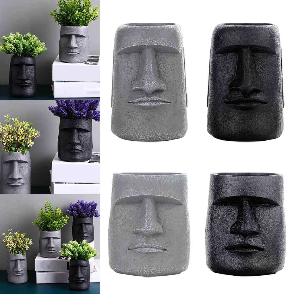 Creative Resin Easter Island Sculpture Head Design Desktop Flowerpot Succulent Pot Face Vase for Home Garden Indoor Decor