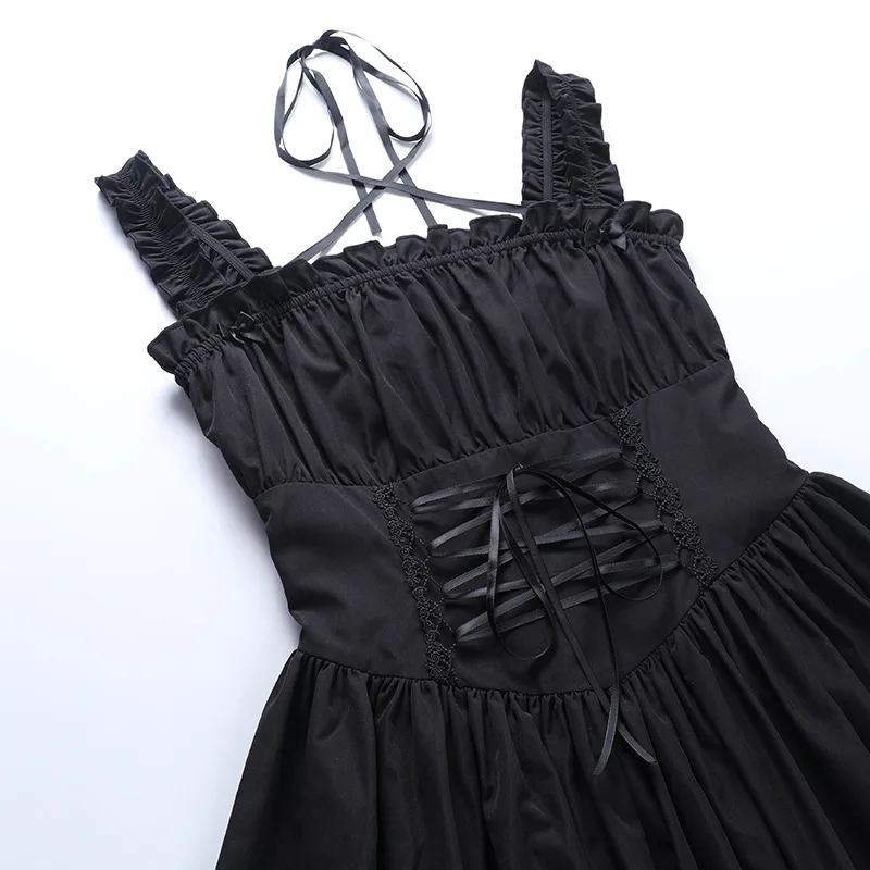 E-girl Gothic Lolita A-line Dress Elegant Black Lace High Waist Bandage Corset Mini Dress y2k Fairy Grunge Emo Alt Clothes