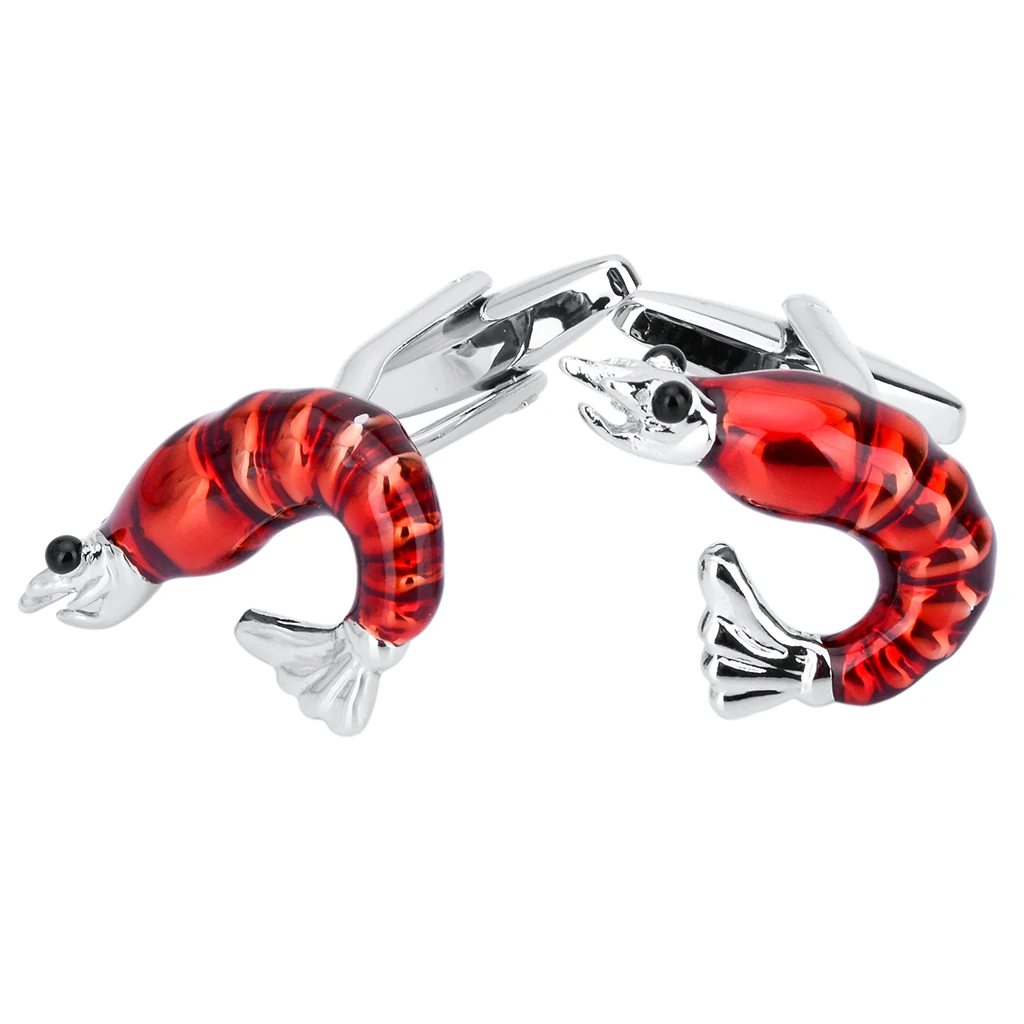 3D Red Shrimp Lobster Animal Brass Cufflinks Funny Mens Cuff Links Jewelry