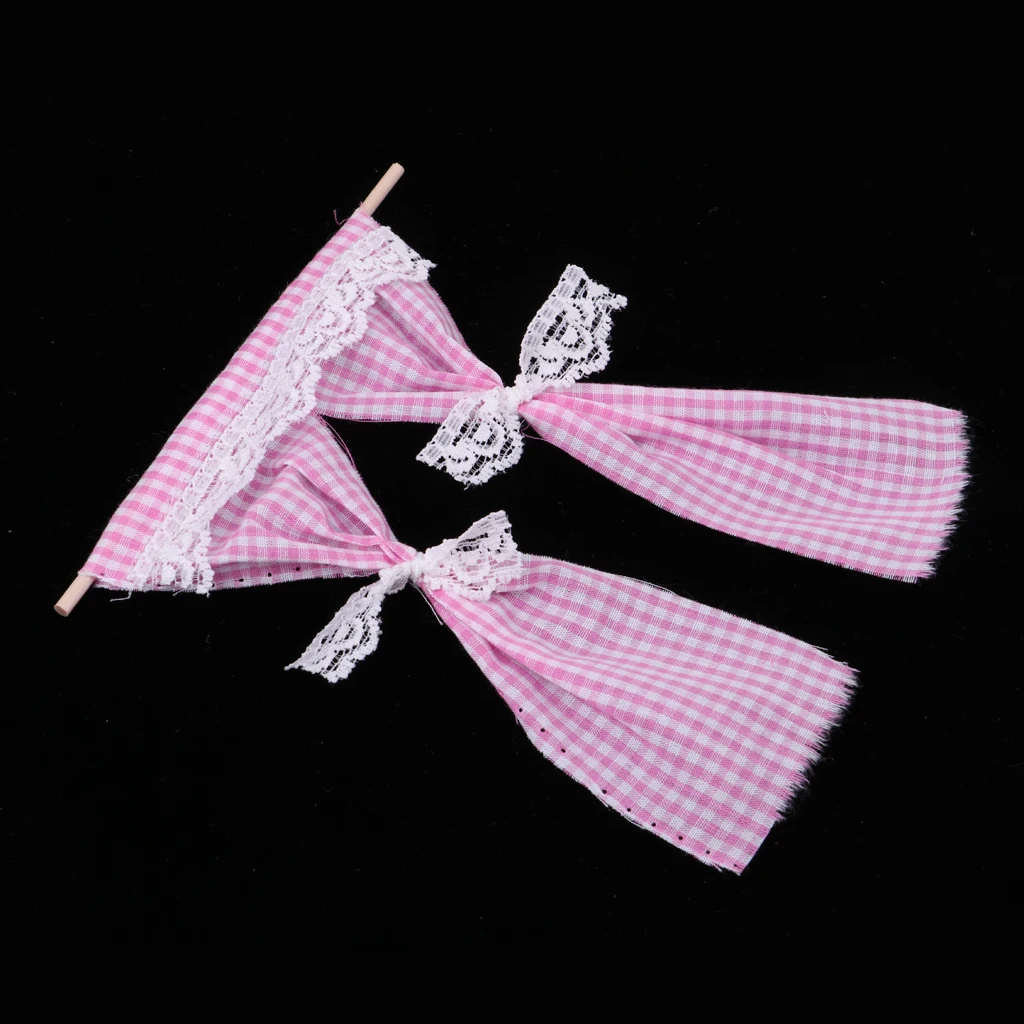 Dollhouse Miniatures Cute Lattice and Lace Pink Cotton Curtain for 1/12 Scale Dolls House Bedroom Furniture Decor Acc 3Colors