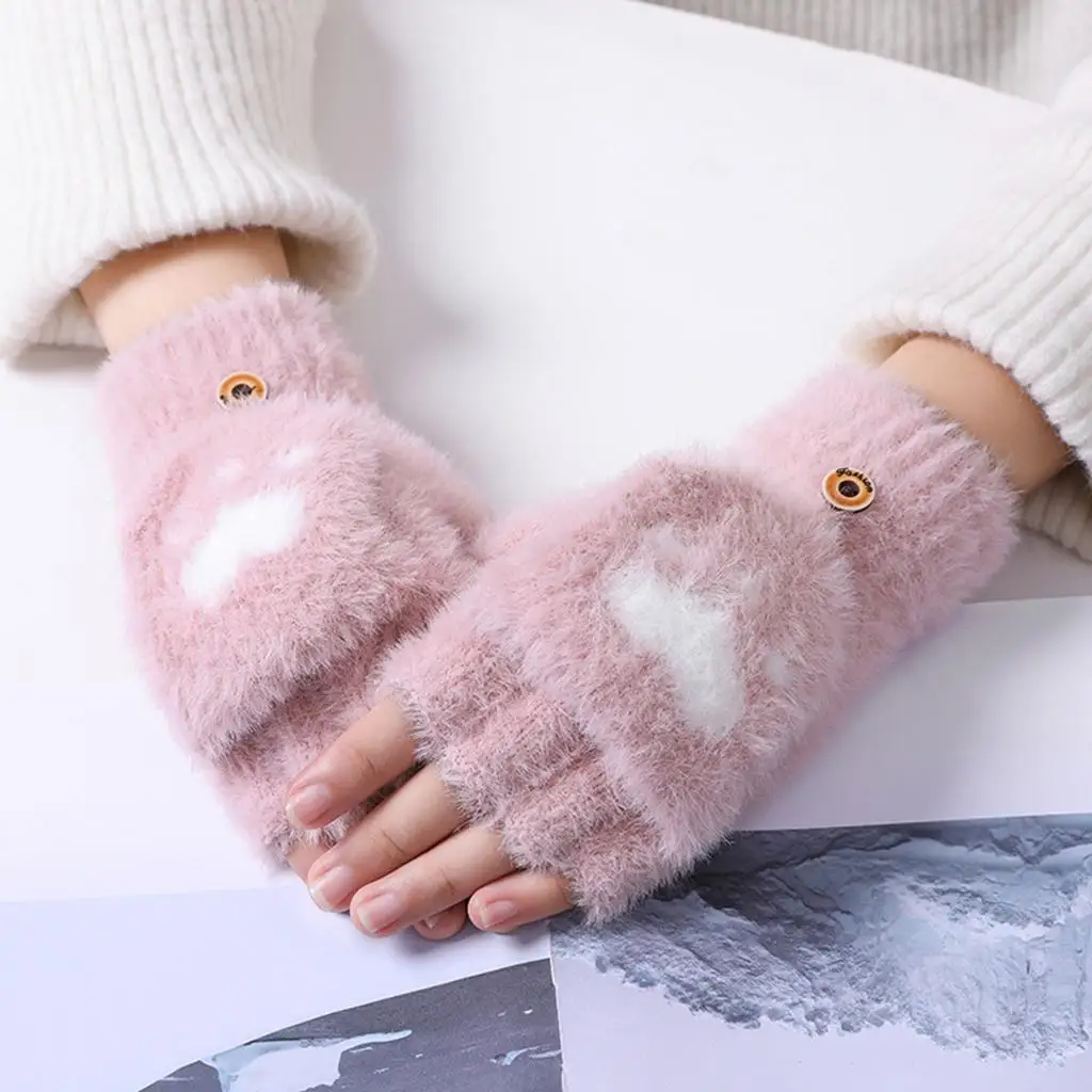 Half Finger Gloves, Soft Fingerless Glove Knitting Mitten Flip Touchscreen Imitation Mink Fur for Women Men Cold Weather Running