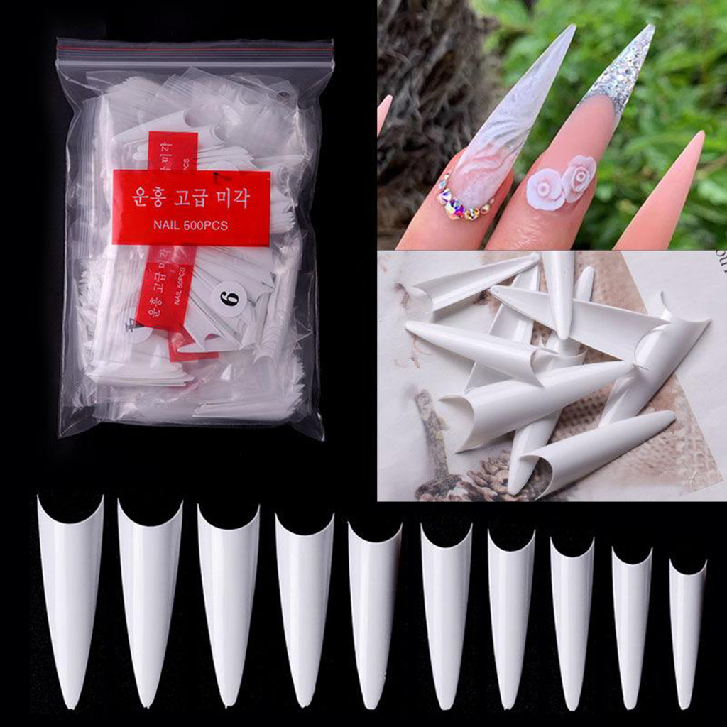 600 Stiletto Tips False Nail Full Cover Long Clear Natural White