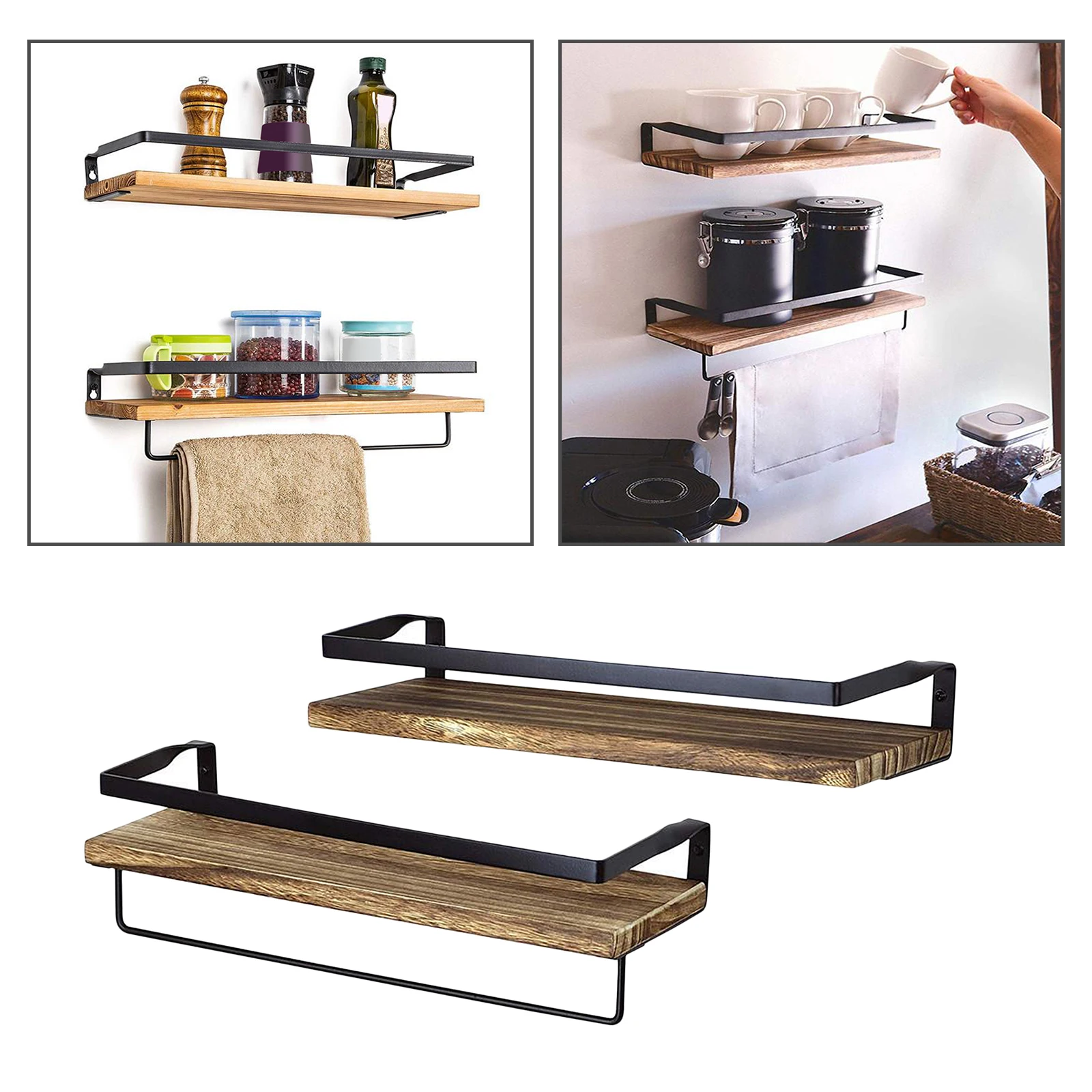 Wood Floating Shelves, Wall Mounted Bathroom Shelf, Rustic Storage Shelves with Removable Towel Holder for Kitchen, Living Room
