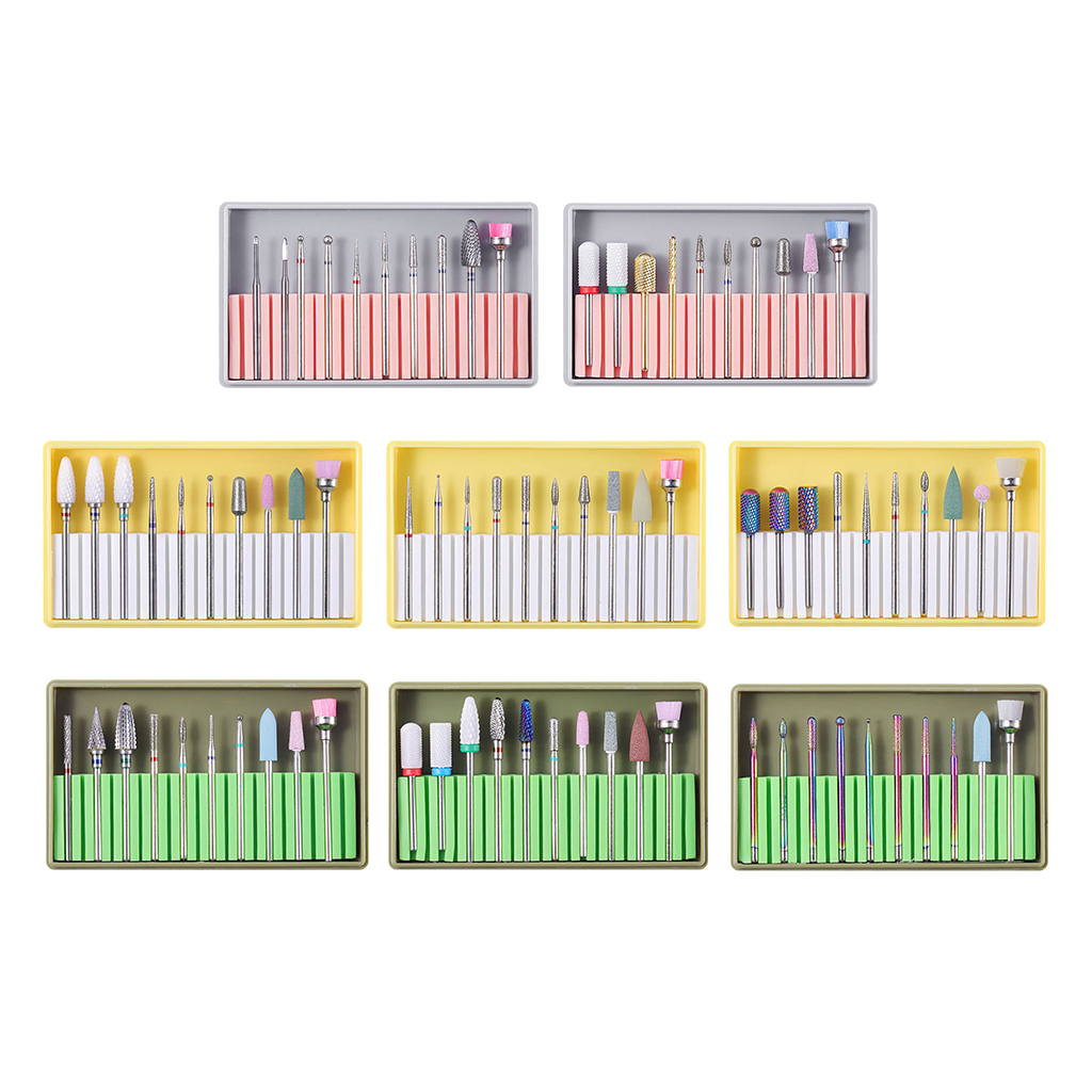 10x Nail Drill Bits with Cleaning Brush Set Manicure Tips Grinding Nail Bits Kit