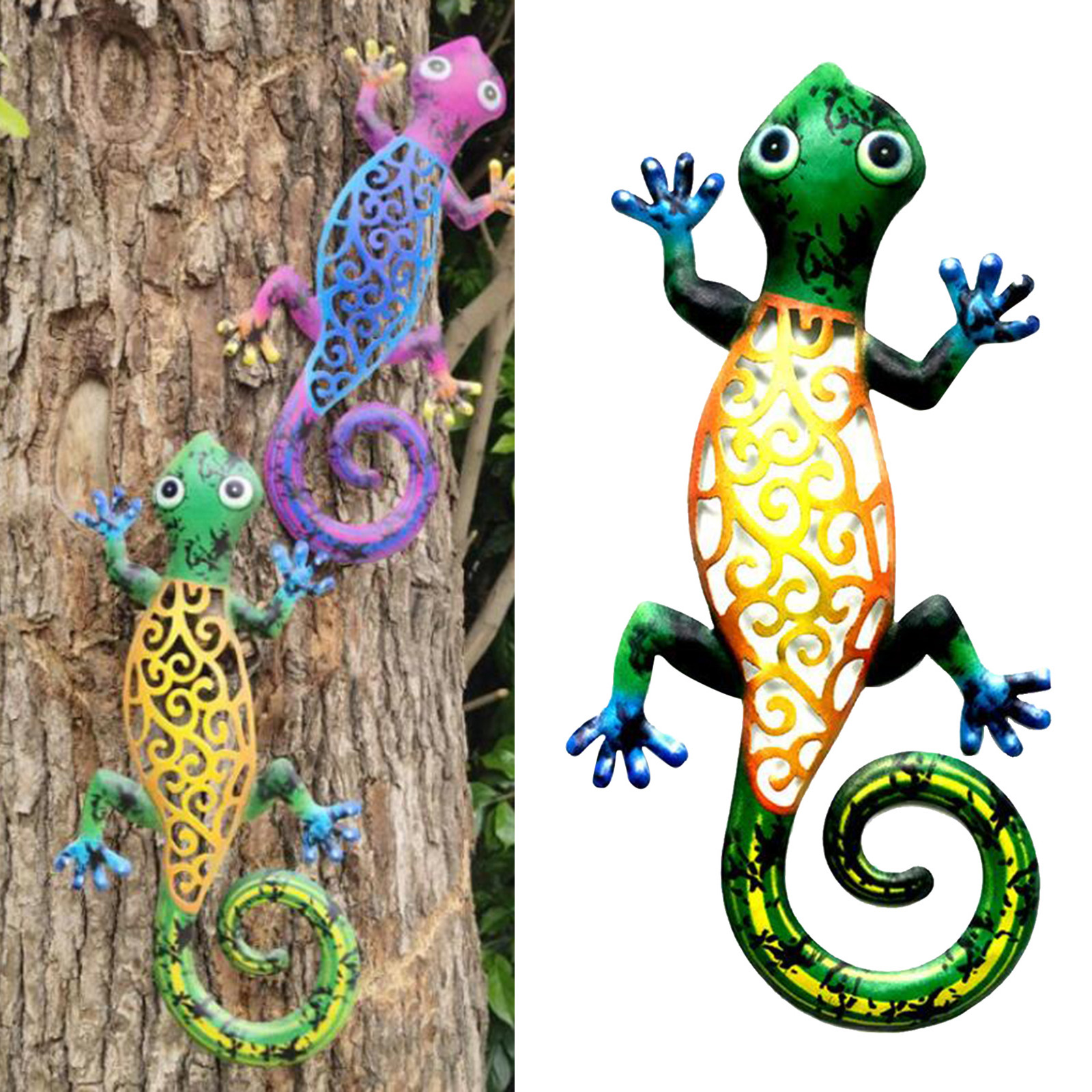 Iron Art Gecko Ornaments Outdoor Metal Lizard Art Hanging Sculpture for Patio