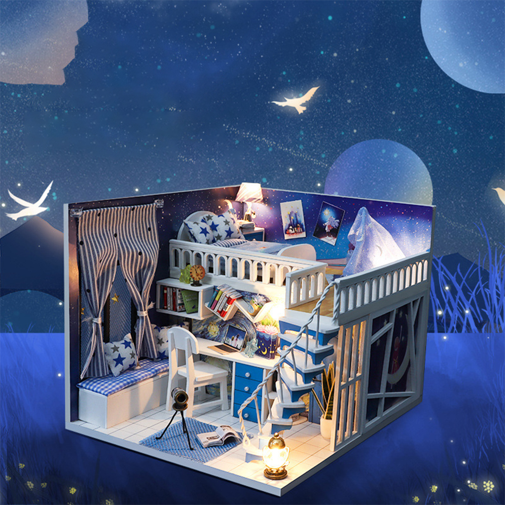 DIY Creative Dollhouse with Realistic Furniture Kit w/ LED Light Battery Case Wooden Crafts Themed Cottage Doll House Toys Gift