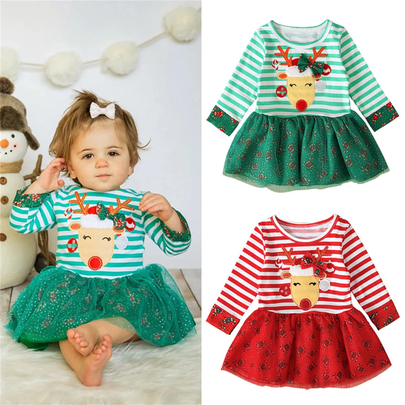 Toddler Kids Baby Girls Christmas Deer Striped Princess Dress Outfits Clothes 