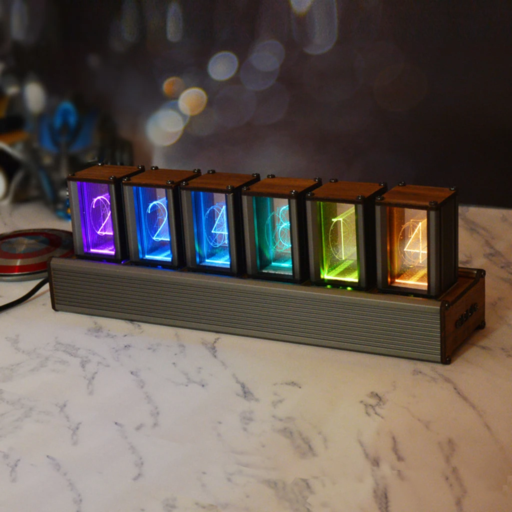 Modern 6-Bit Glow Tube Clock Electronic Large Display Nixie Tube Digital RGB LED Analog Clock Wooden Base DIY Gift