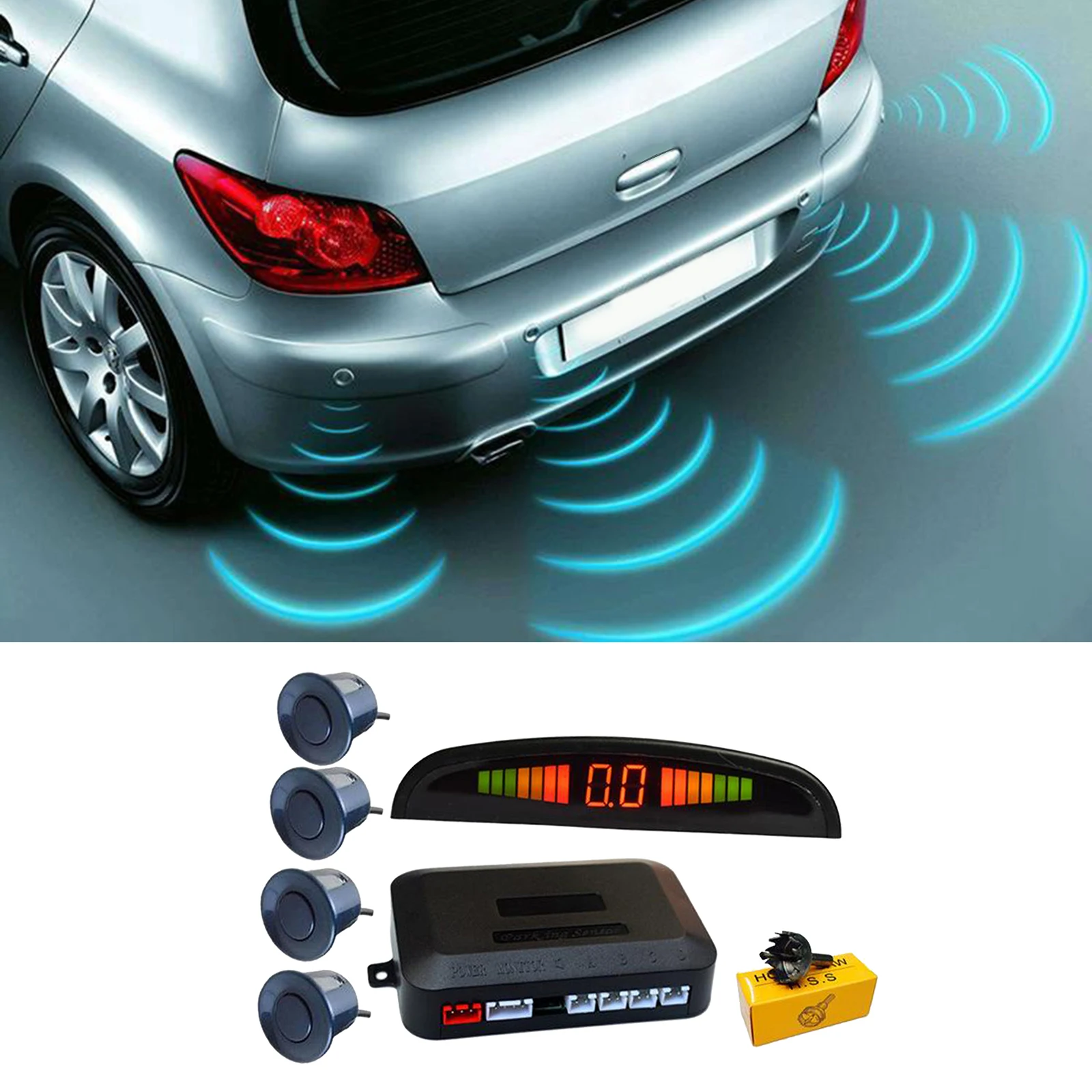 Car Auto Vehicle Reverse Backup  System with 4 Parking Sensors Distance Detection, LED Distance Display, Buzzer Warning