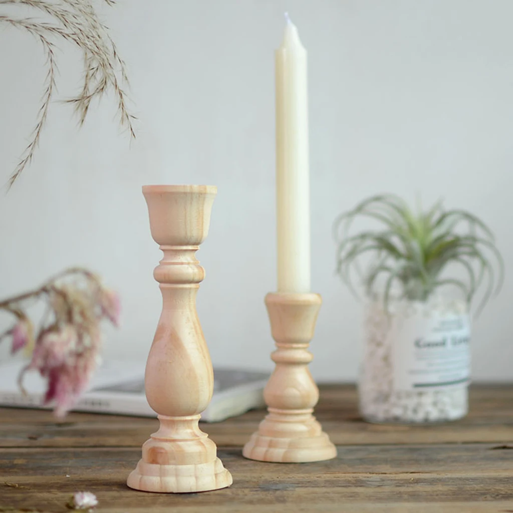 Rustic Unfinished Carved Pillar Candle Holder Candlestick Table Centerpiece