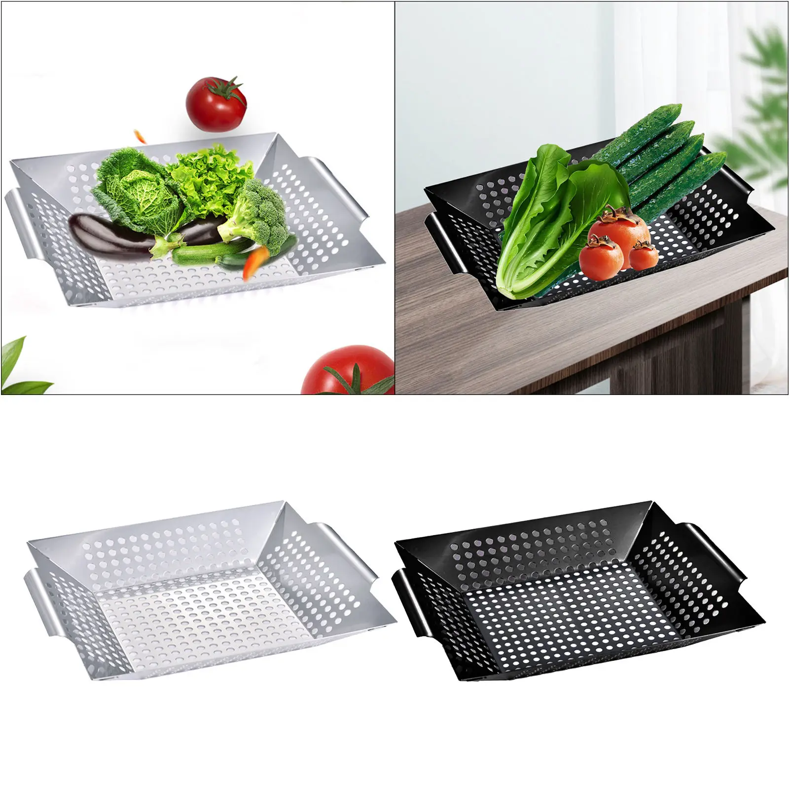 Metal BBQ Grill Basket Vegetable Meat Holder Bowl Anti-rust Holes Barbecue Tool
