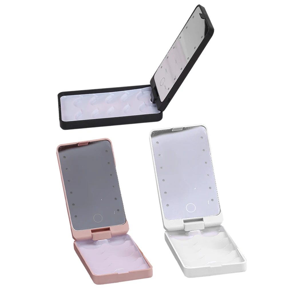 False Eyelash Holder Storage Box with LED Light Makeup Mirror, 360 Rotated, Compact Size