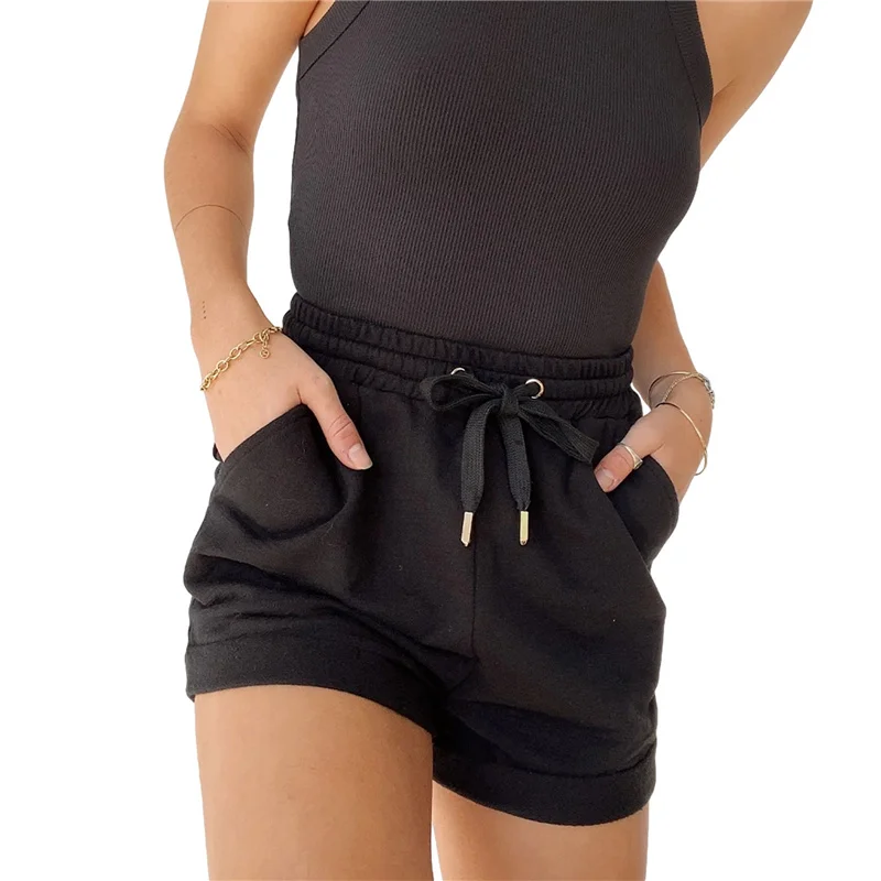 Women's Casual Loose Summer Shorts Elastic Waist Solid Color Rolled Cuff Loose Short Pants with Pockets Black/White/khaki workout clothes for women