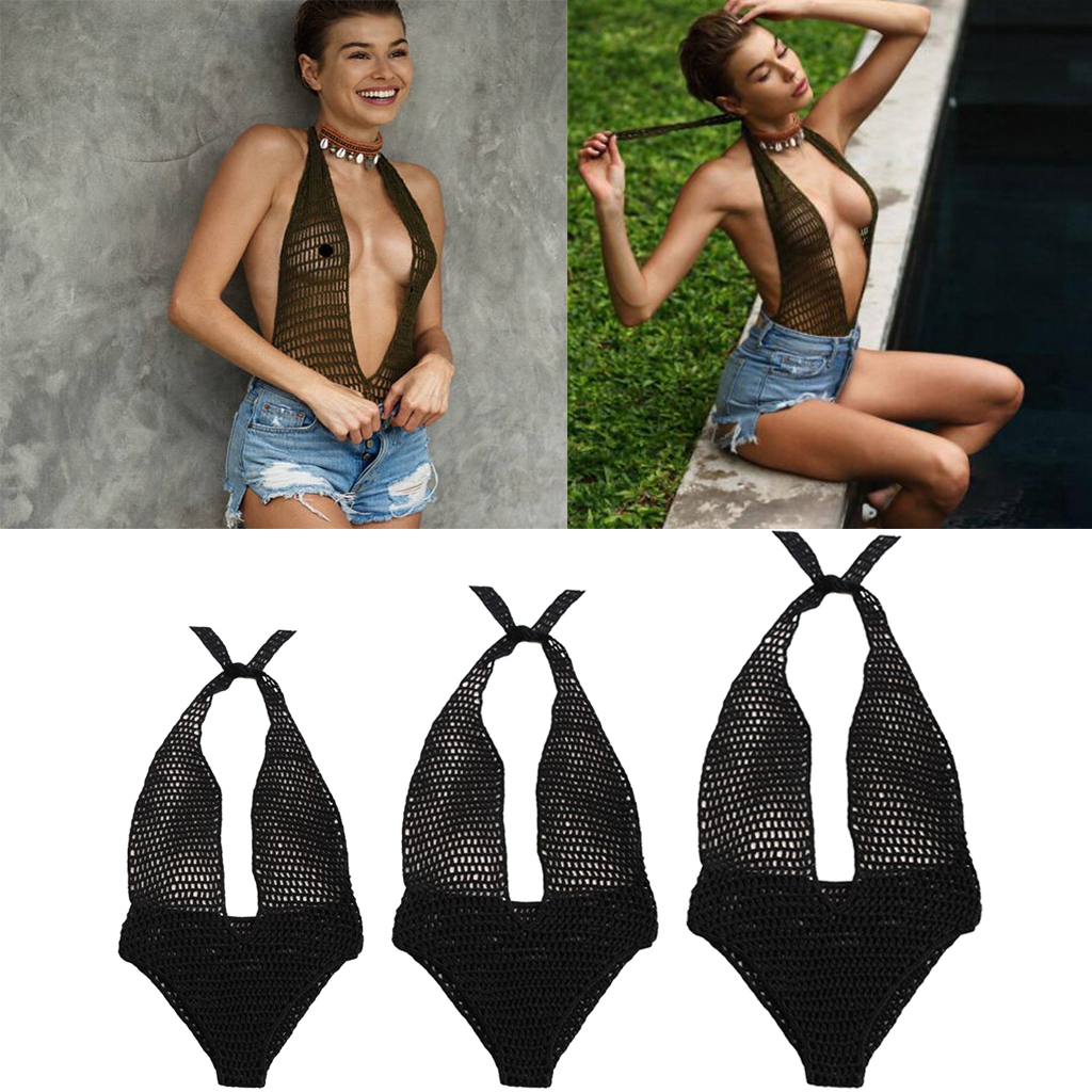Women Black Crochet Knit Beach Bikini Monokini Halter Deep V-neck Swimwear