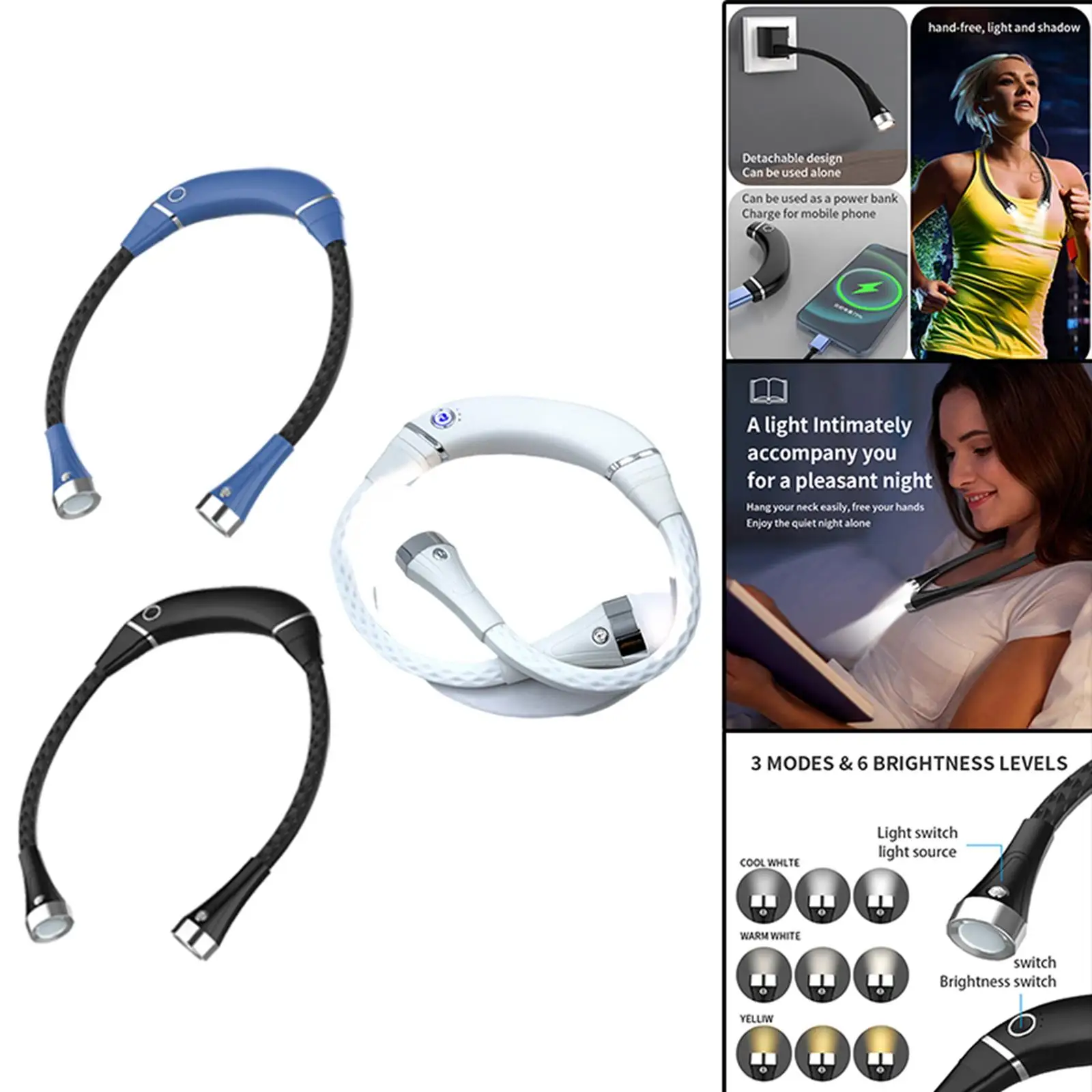 Neck Book Light USB Rechargeable 3 Level Neck Hung Lights for Running Sports Travel
