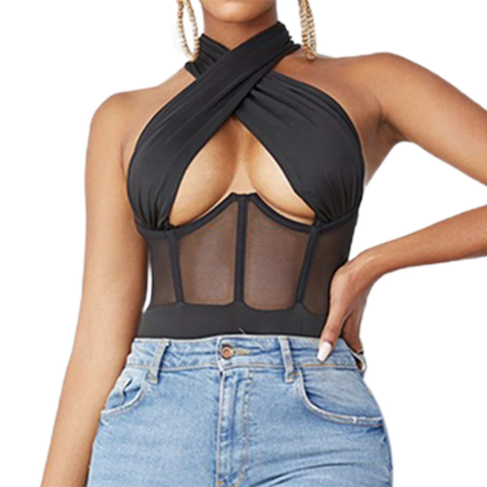 bikini cover up skirt Women Sexy Hollow Out Bodysuit,Black Solid Color Halter Neck Backless Wrapped Chest Stitching Mesh Slim Bodysuit,S/ M/ L bathing suit wrap skirt